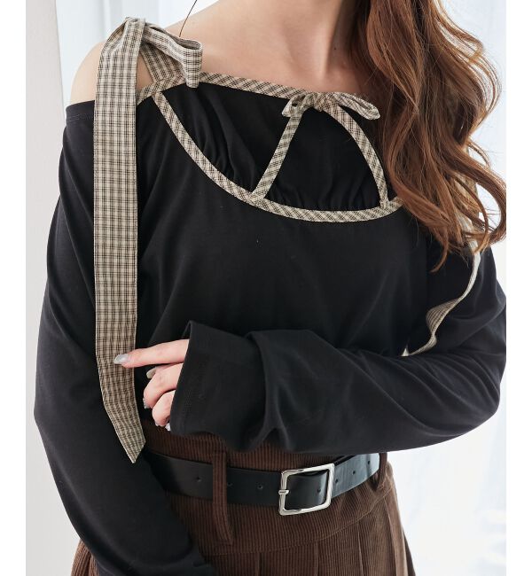  「肩リボンチェックバイカラートップス」|Tシャツ・カットソー|