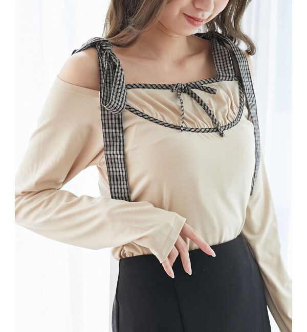  「肩リボンチェックバイカラートップス」|Tシャツ・カットソー|