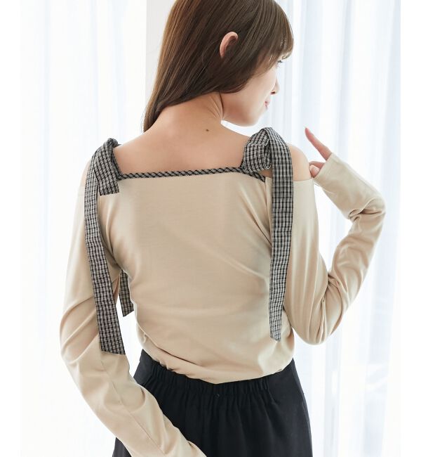  「肩リボンチェックバイカラートップス」|Tシャツ・カットソー|