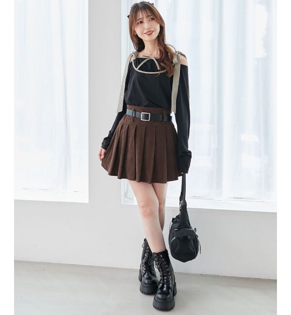  「肩リボンチェックバイカラートップス」|Tシャツ・カットソー|