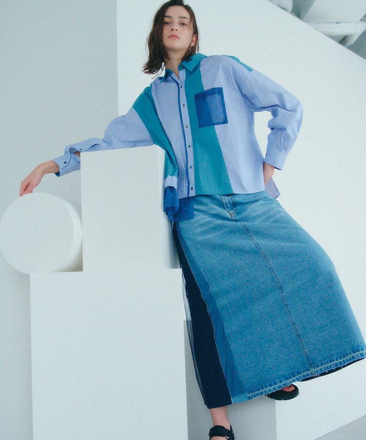 Editt by YECCA VECCA「素材MIXメタルラインデニムスカート」|スカート|Light indigo