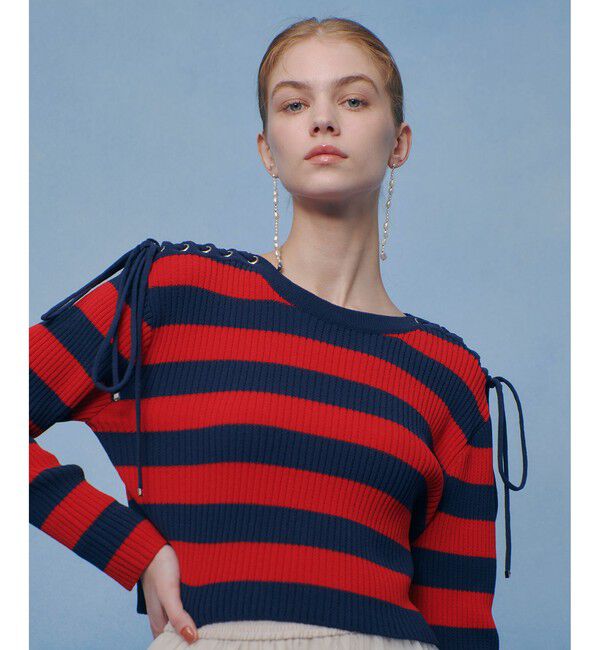 LOULOU WILLOUGHBY「【LOULOU WILLOUGHBY】レースアップショルダープルオーバー」|ニット・セーター|レッド系