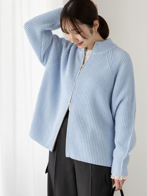 Te chichi TERRASSE「片畦ハイネックダブルジップニット」|ニット・セーター|サックスブルー