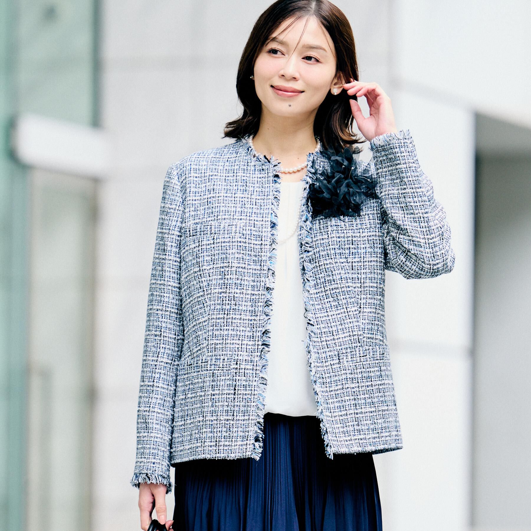 UNTITLED「【セレモニー/華やか】ファンシーツイード ジャケット」|ノーカラージャケット|ブルー(491)