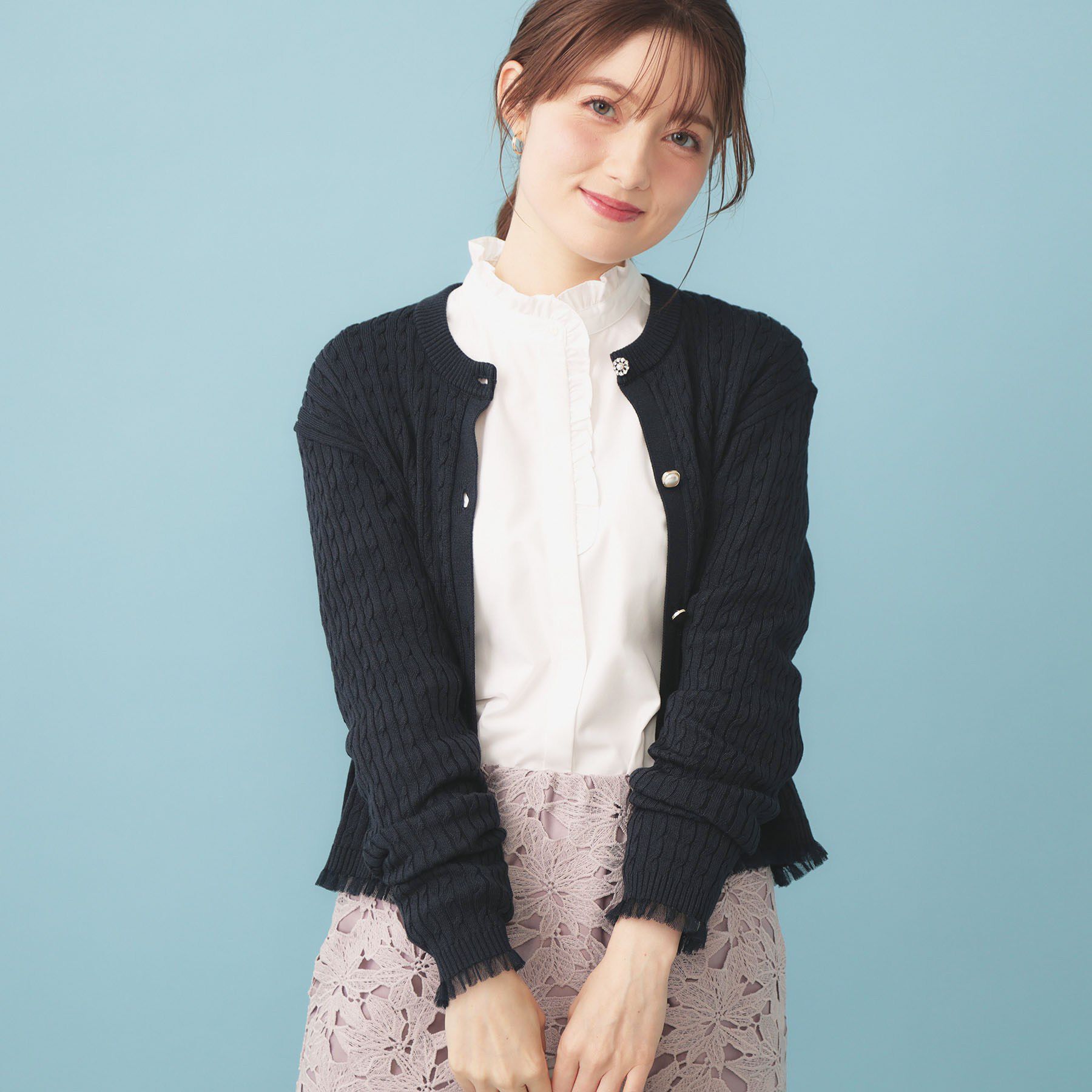 index「袖シアーフリルケーブルラメカーディガン【洗濯機OK/坑ピル】」|カーディガン|ネイビー(694)