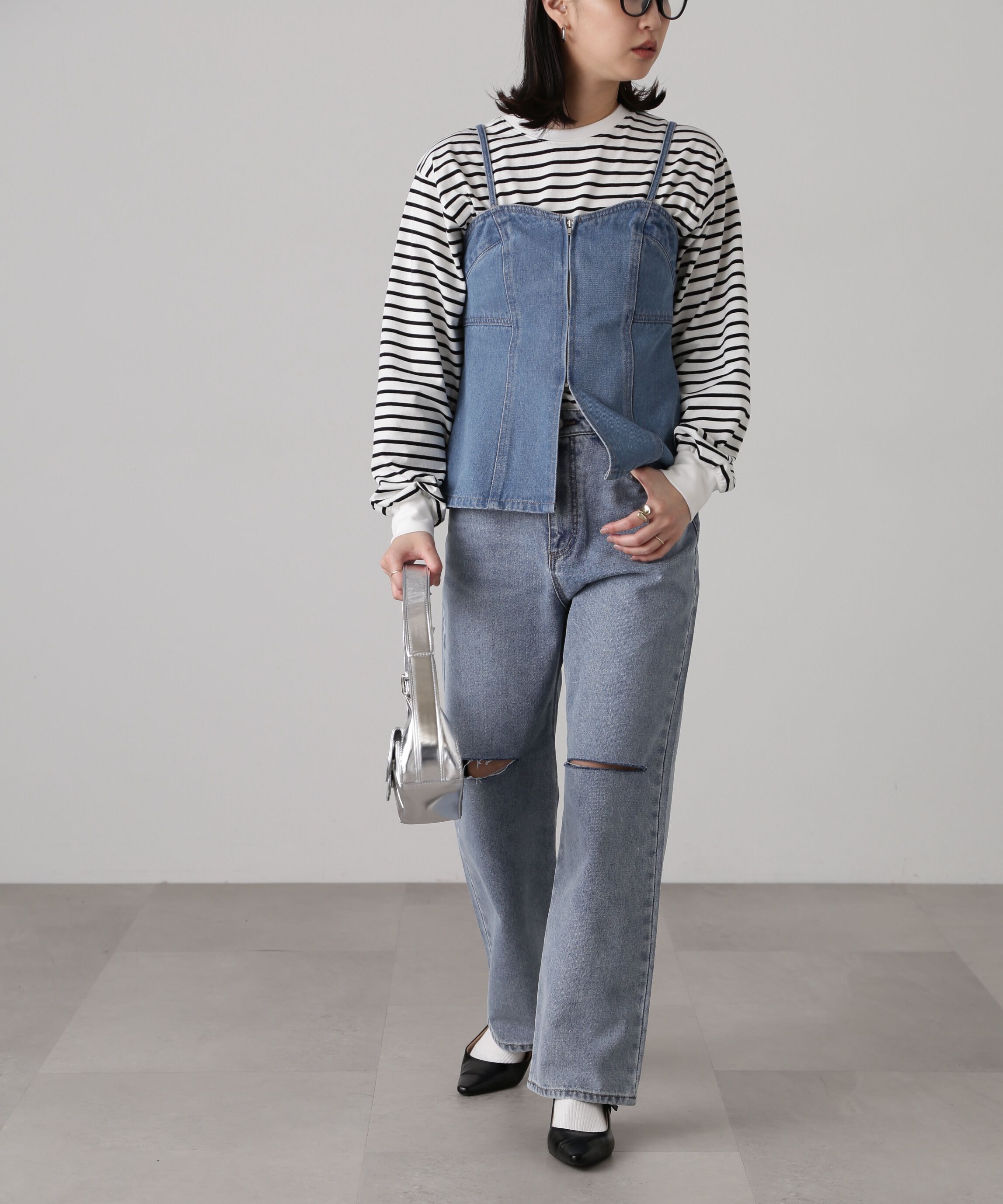  「フロントジップデニムキャミビスチェ」|シャツ・ブラウス|