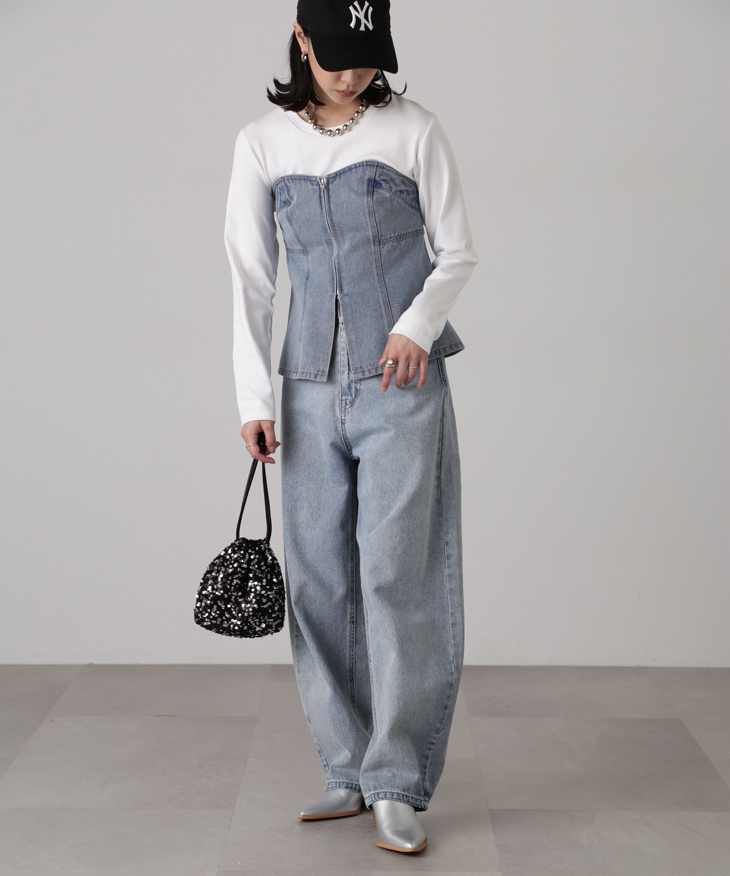  「フロントジップデニムキャミビスチェ」|シャツ・ブラウス|