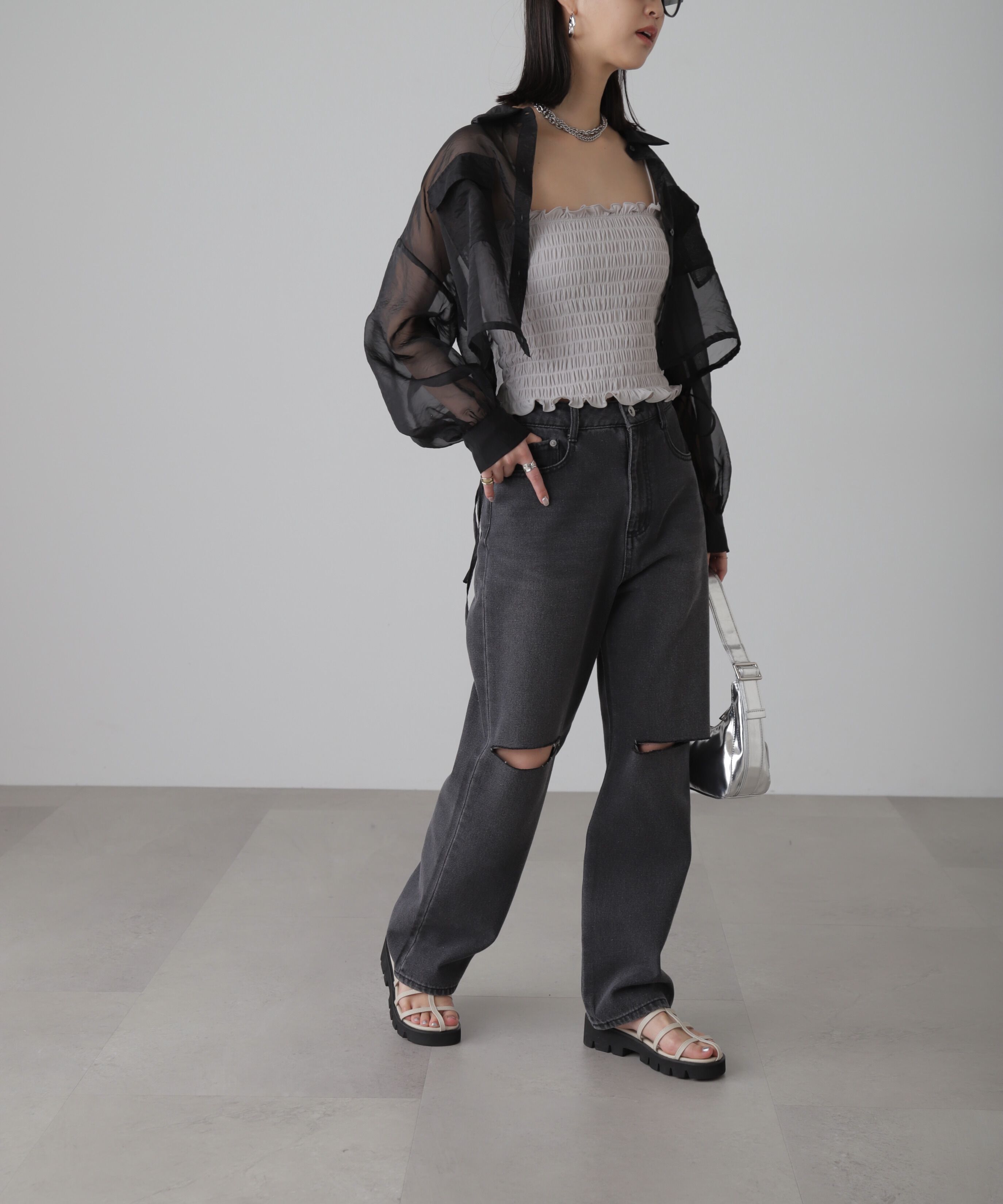  「裾ドロストショート丈シアーシャツ」|シャツ・ブラウス|