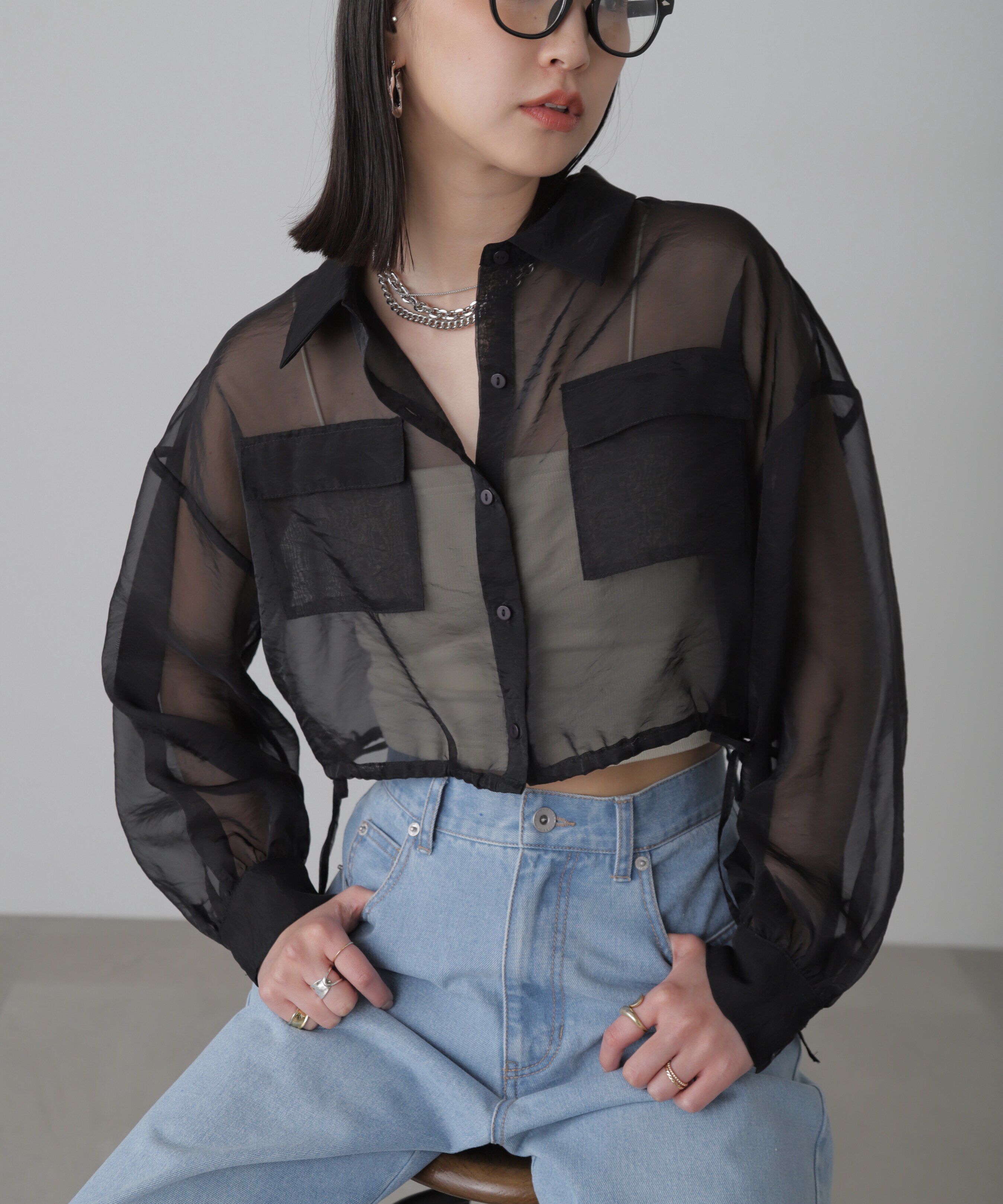  「裾ドロストショート丈シアーシャツ」|シャツ・ブラウス|