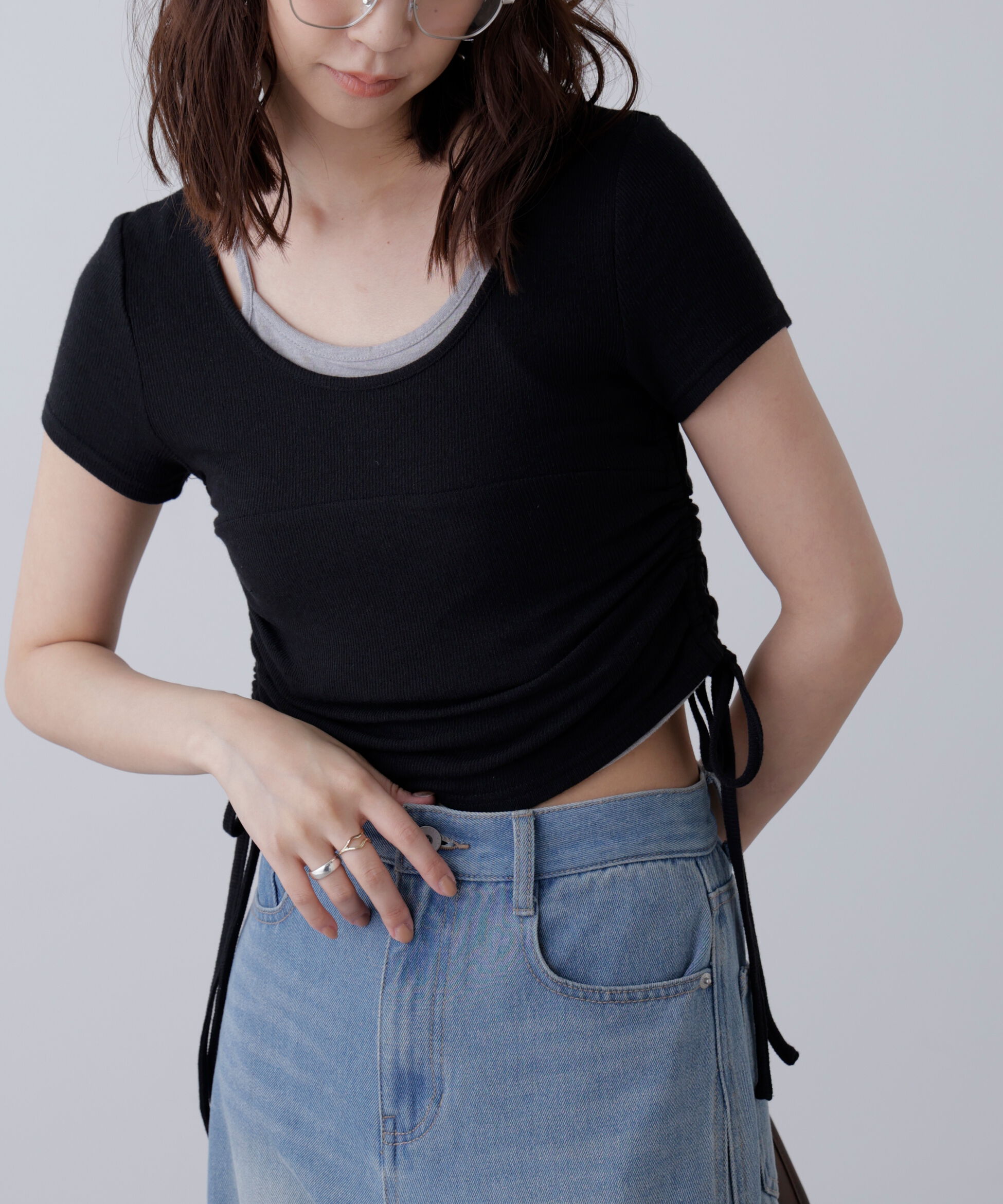  「ホルターネックレイヤードサイドドロスト半袖カットソー」|Tシャツ・カットソー|ブラック