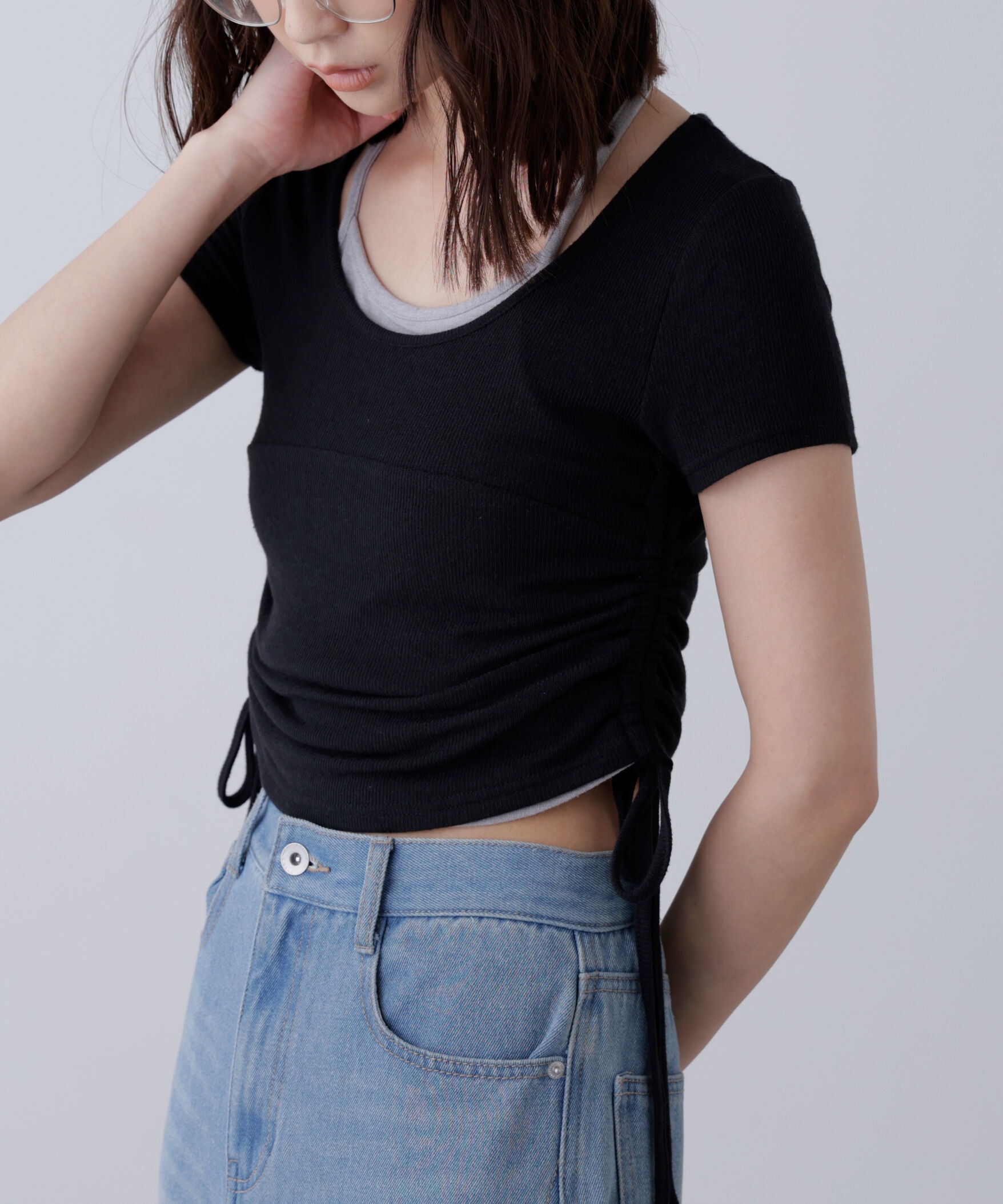  「ホルターネックレイヤードサイドドロスト半袖カットソー」|Tシャツ・カットソー|