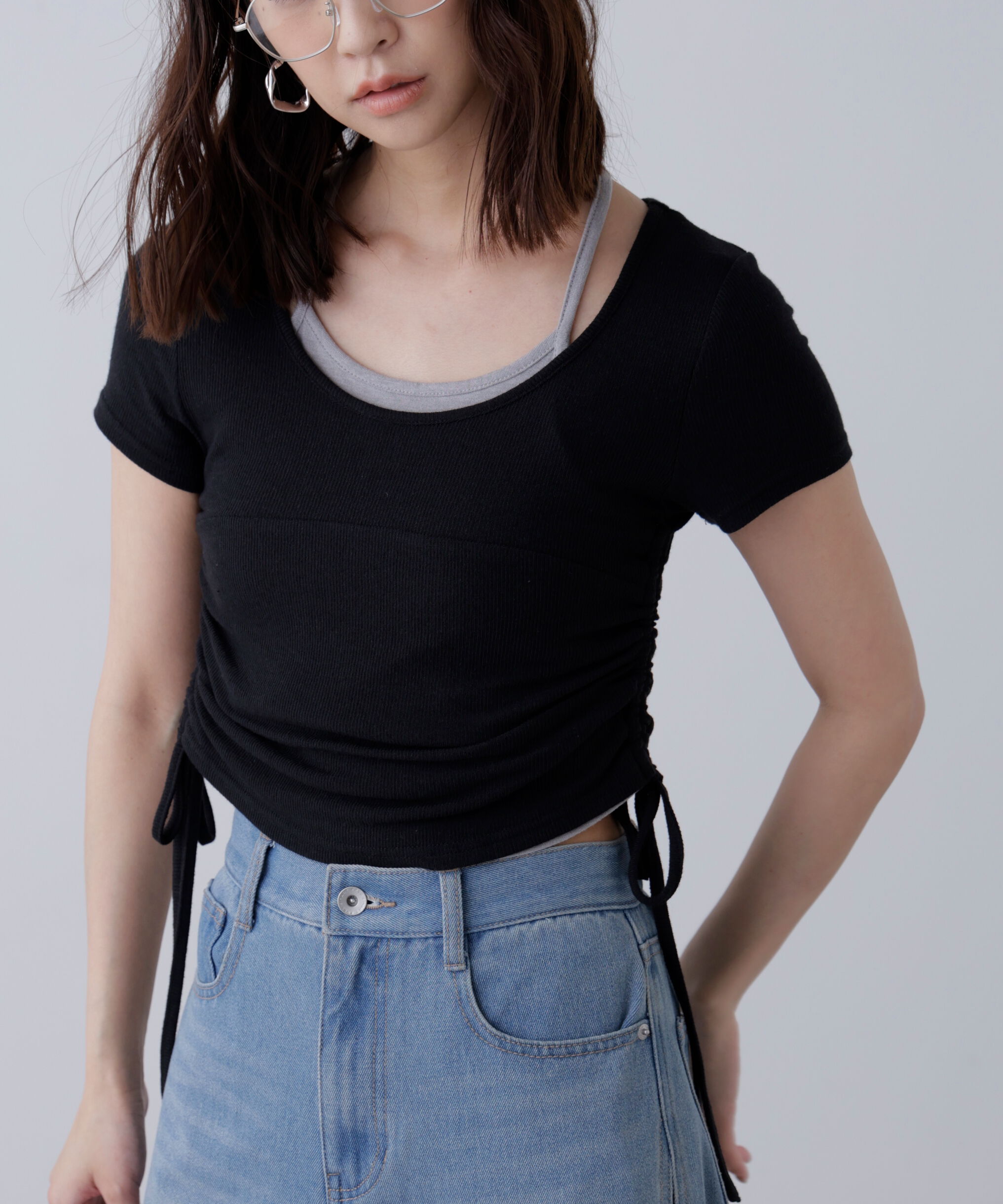  「ホルターネックレイヤードサイドドロスト半袖カットソー」|Tシャツ・カットソー|