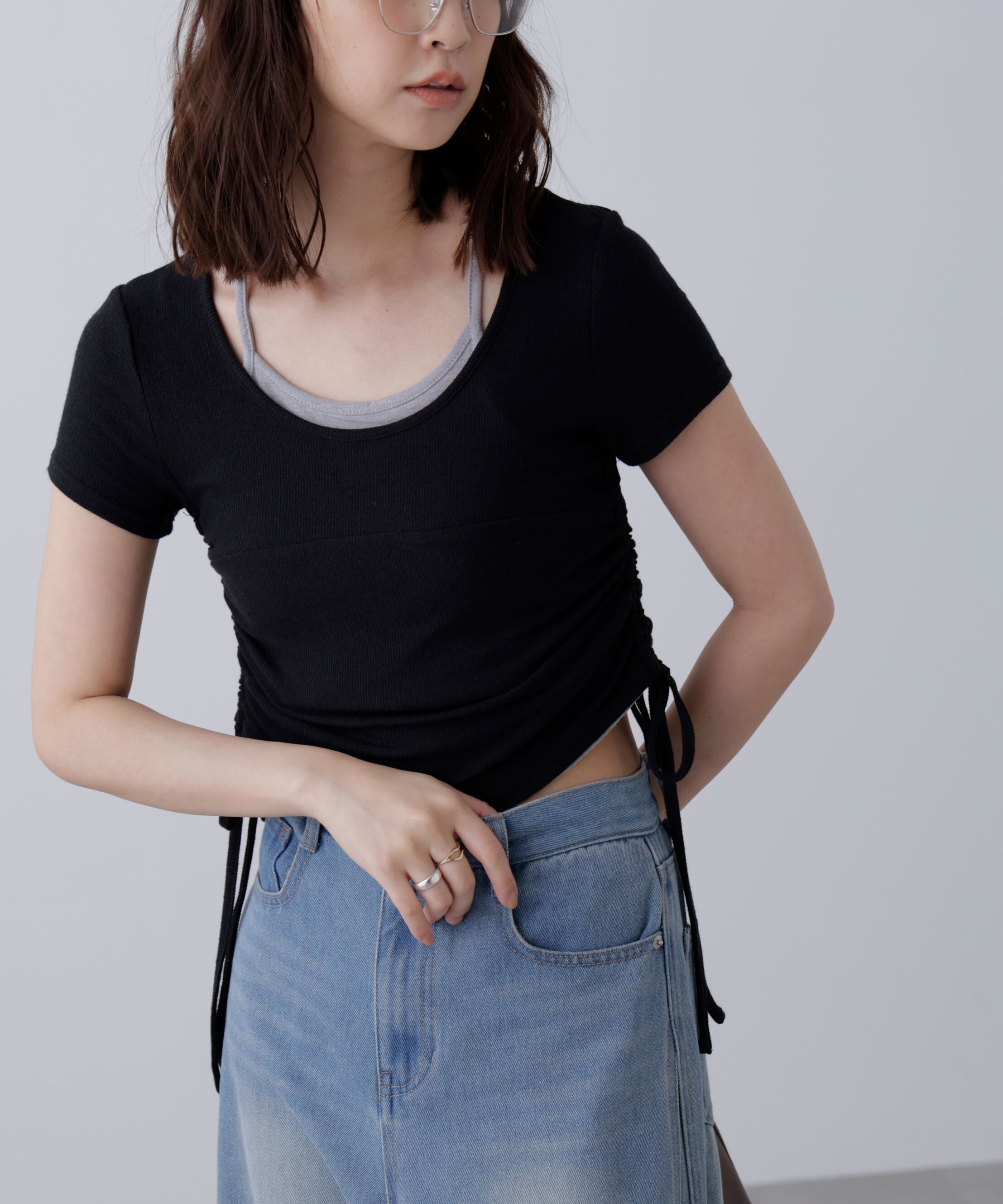  「ホルターネックレイヤードサイドドロスト半袖カットソー」|Tシャツ・カットソー|