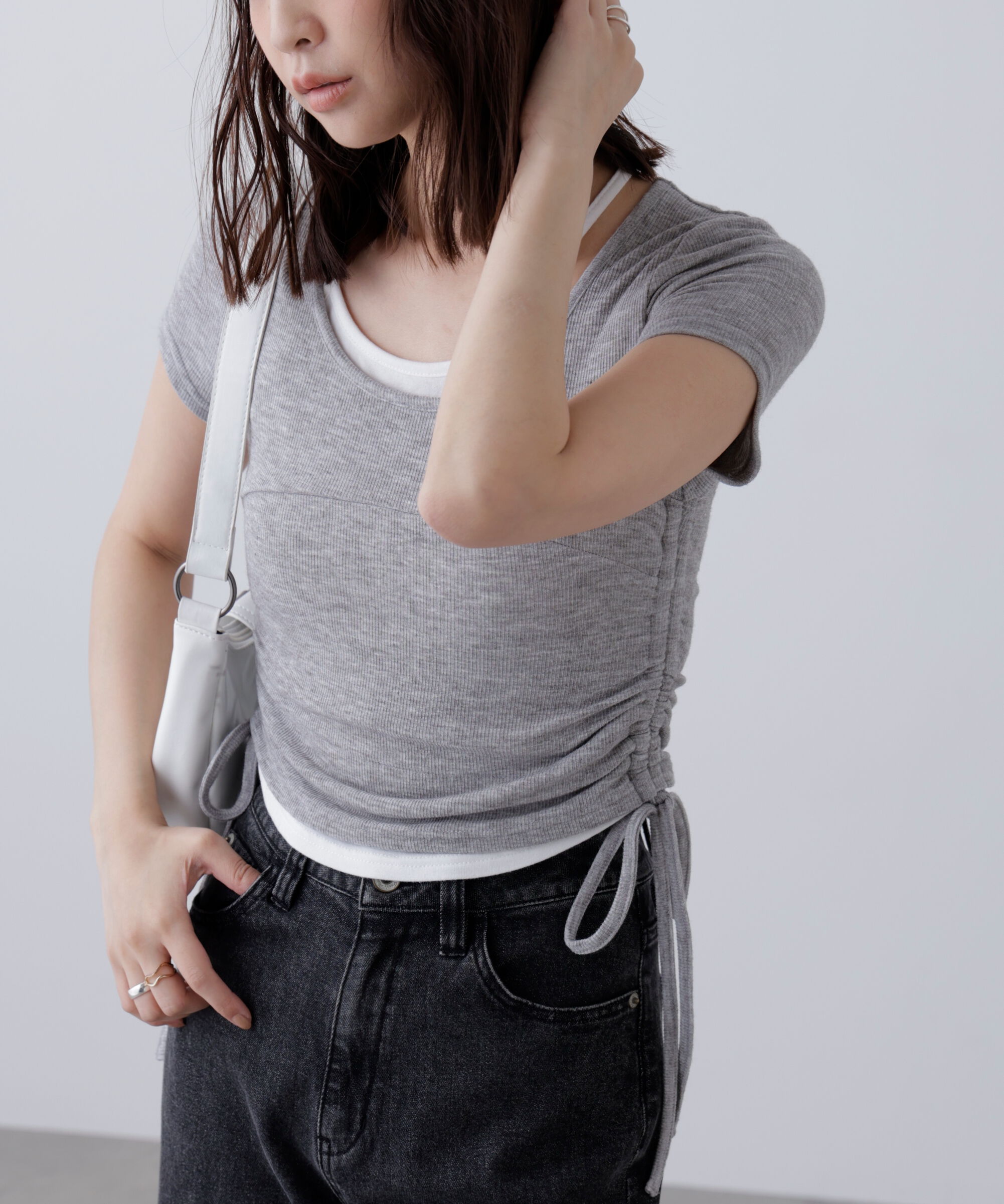  「ホルターネックレイヤードサイドドロスト半袖カットソー」|Tシャツ・カットソー|グレー