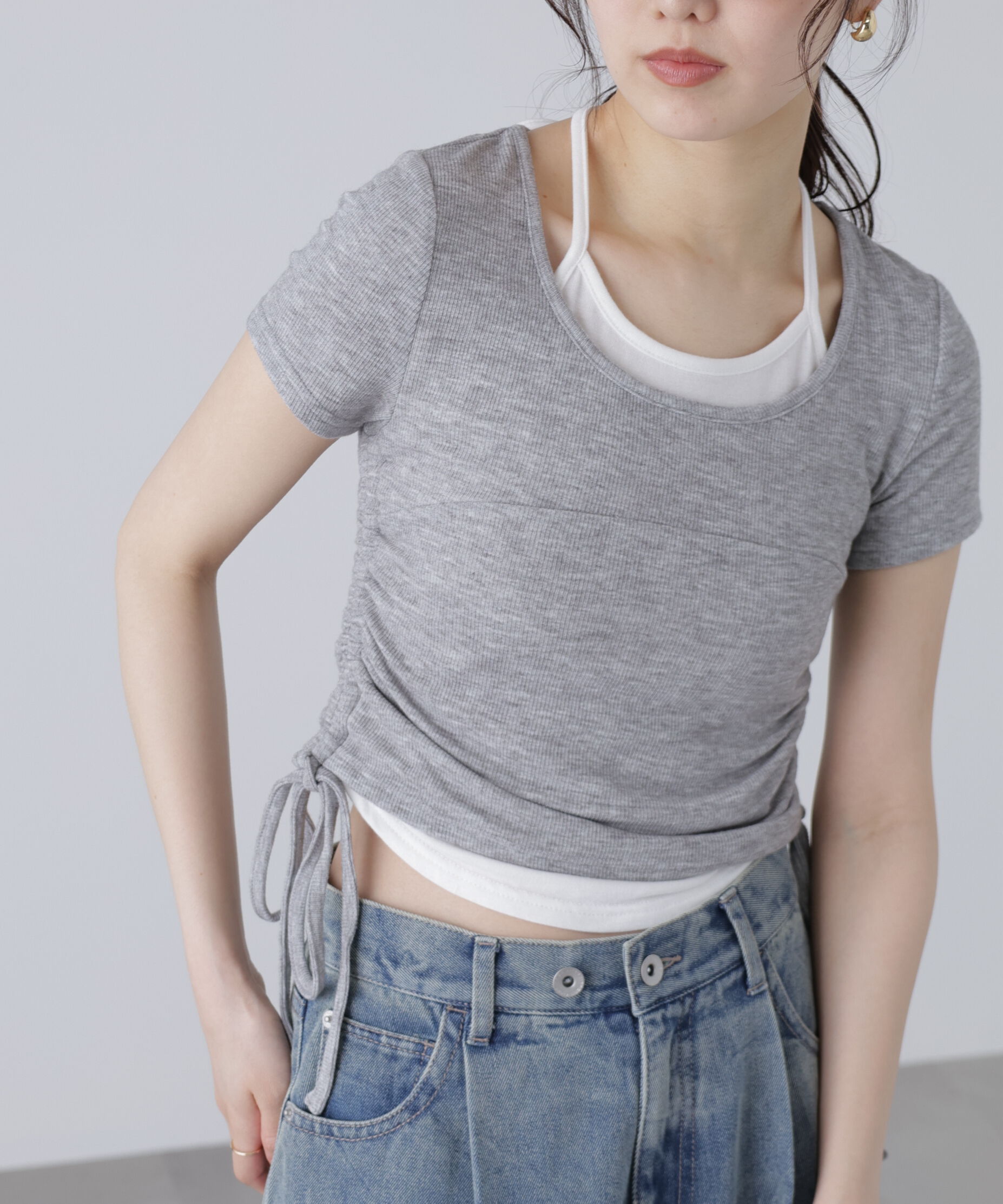  「ホルターネックレイヤードサイドドロスト半袖カットソー」|Tシャツ・カットソー|