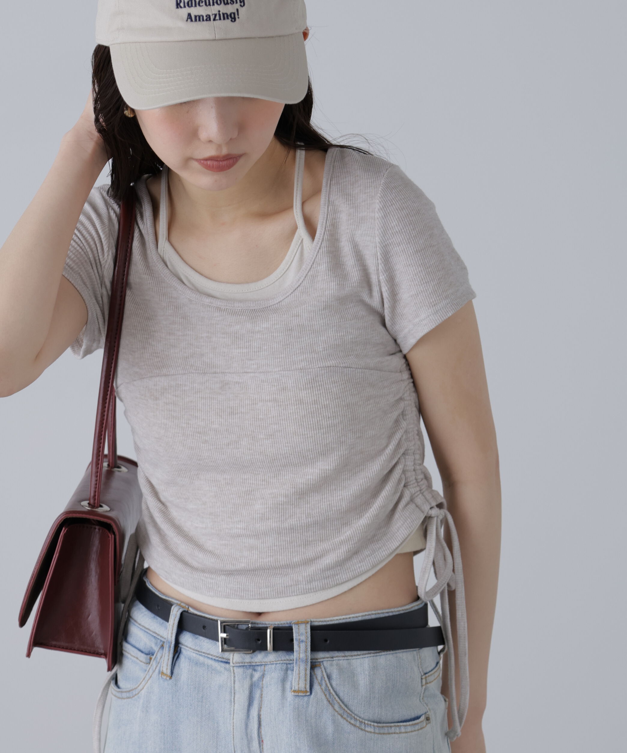  「ホルターネックレイヤードサイドドロスト半袖カットソー」|Tシャツ・カットソー|