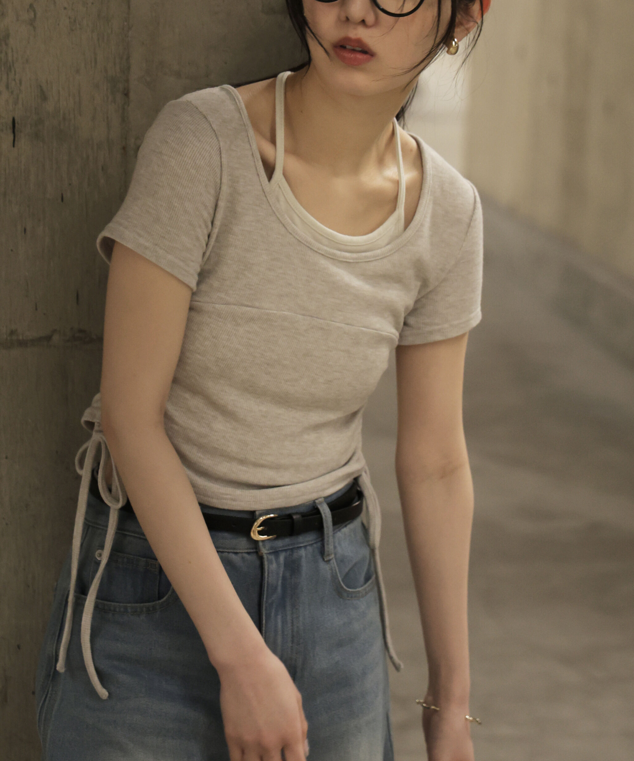  「ホルターネックレイヤードサイドドロスト半袖カットソー」|Tシャツ・カットソー|