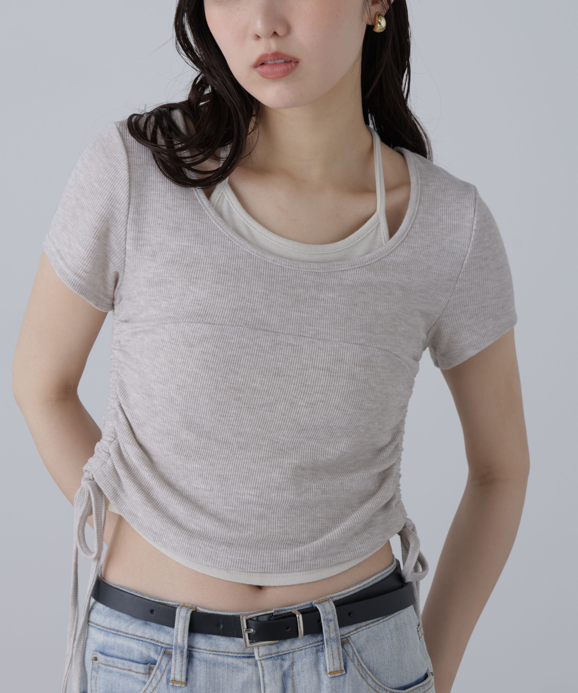  「ホルターネックレイヤードサイドドロスト半袖カットソー」|Tシャツ・カットソー|