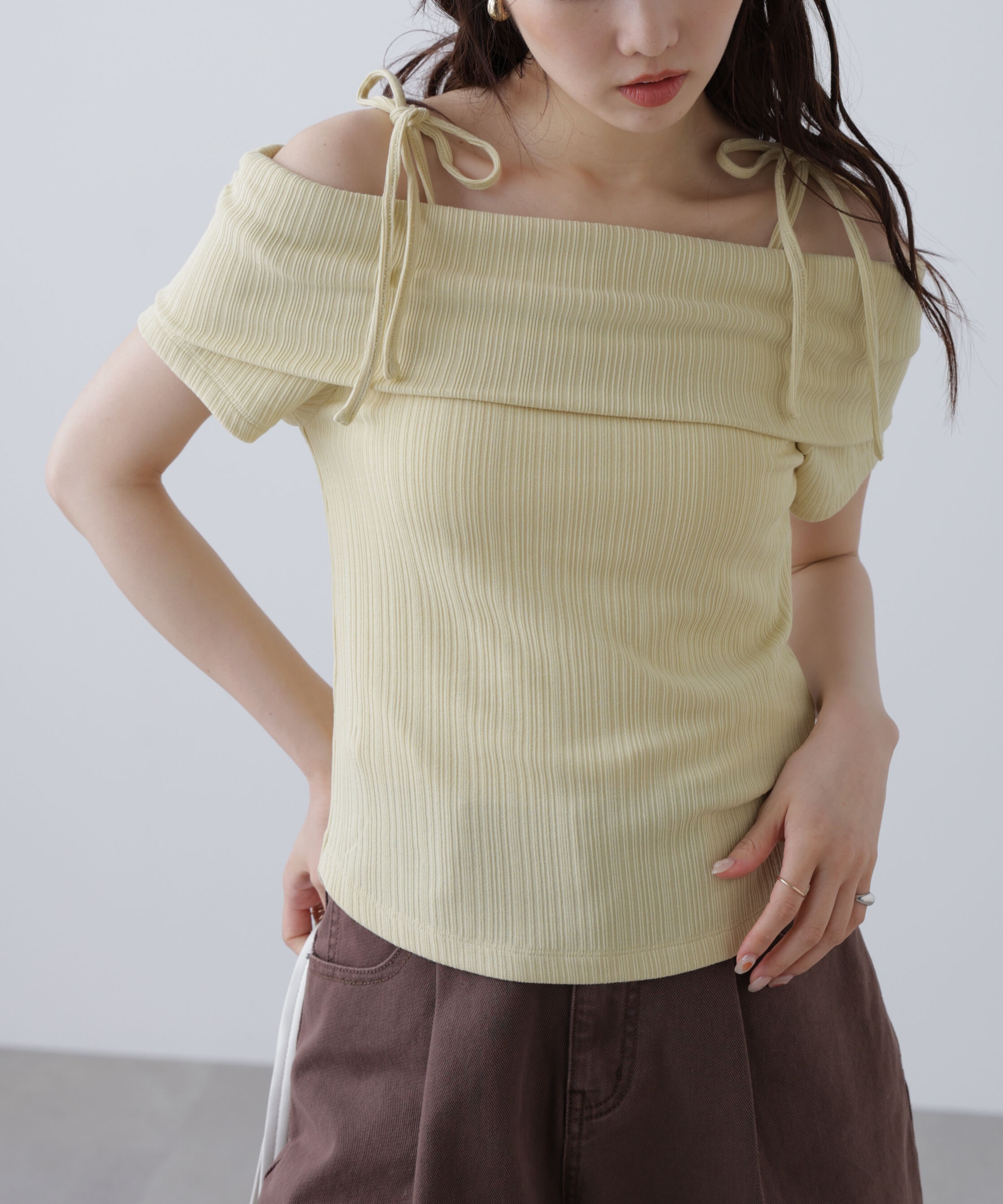  「肩リボンオフショルカットソー」|Tシャツ・カットソー|イエロー