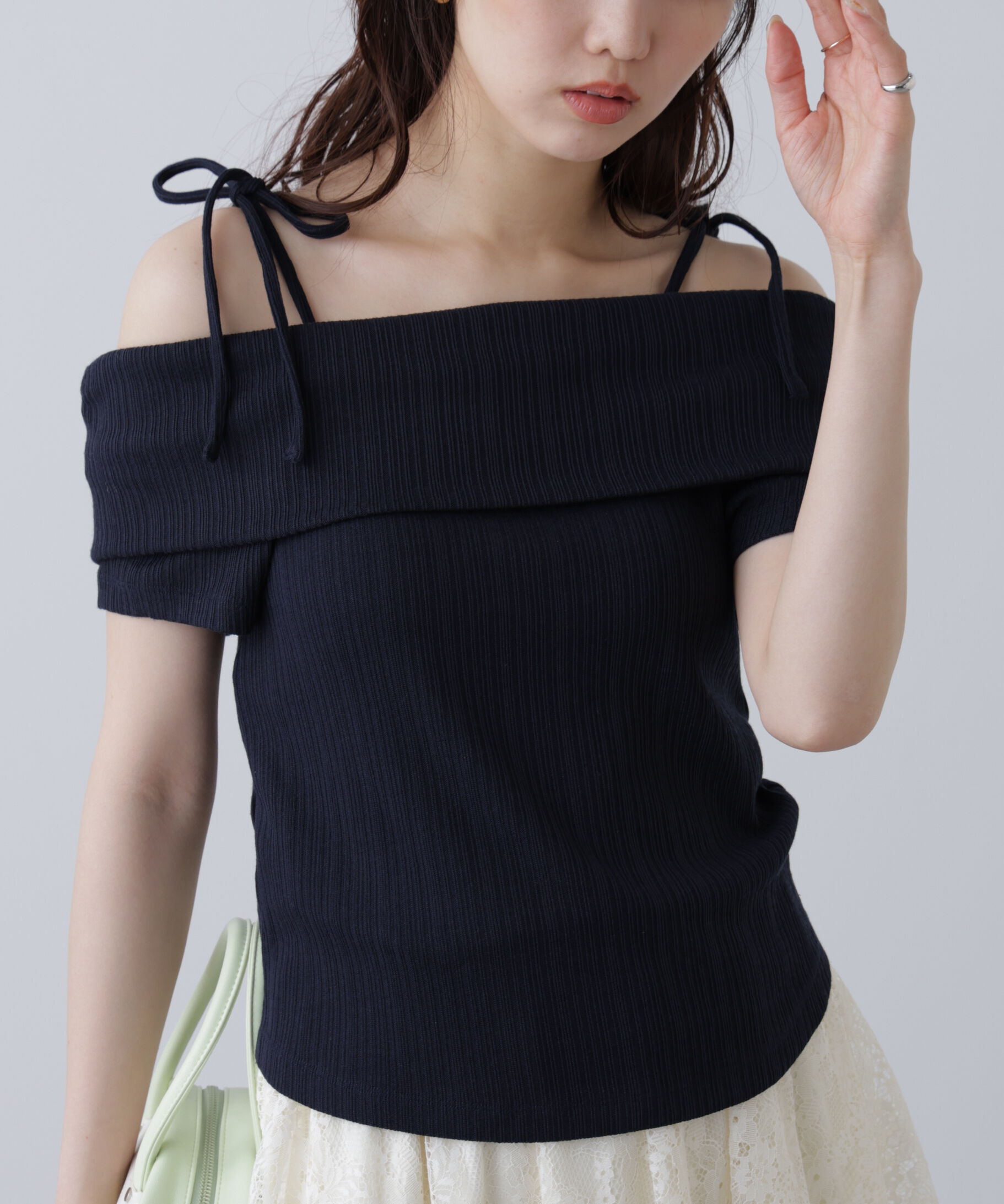  「肩リボンオフショルカットソー」|Tシャツ・カットソー|ネイビー