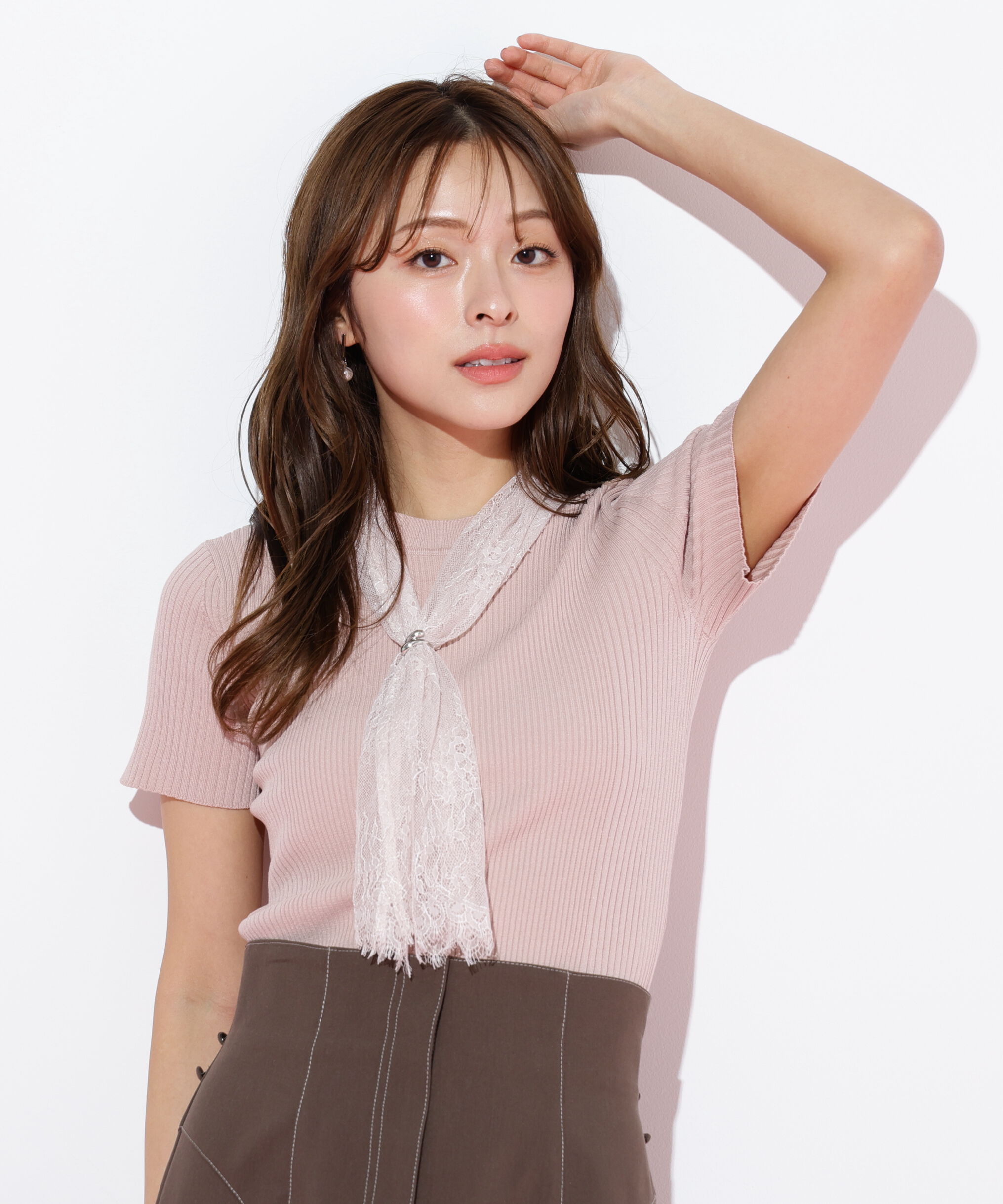  「レーススカーフ付ニットトップス」|ニット・セーター|ピンク