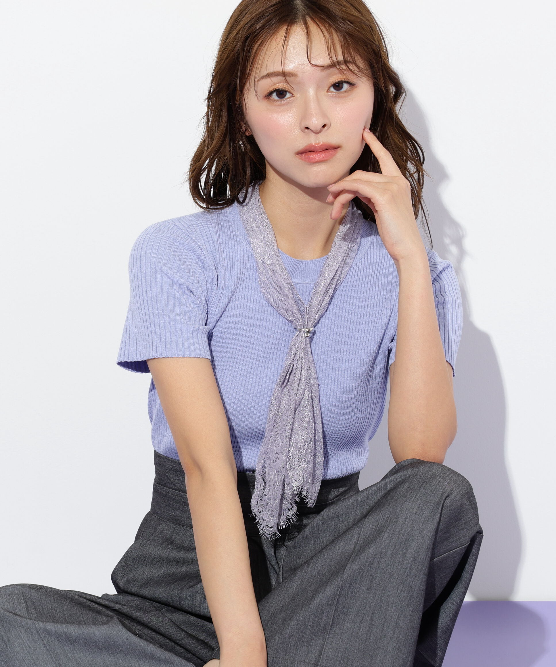  「レーススカーフ付ニットトップス」|ニット・セーター|ブルー