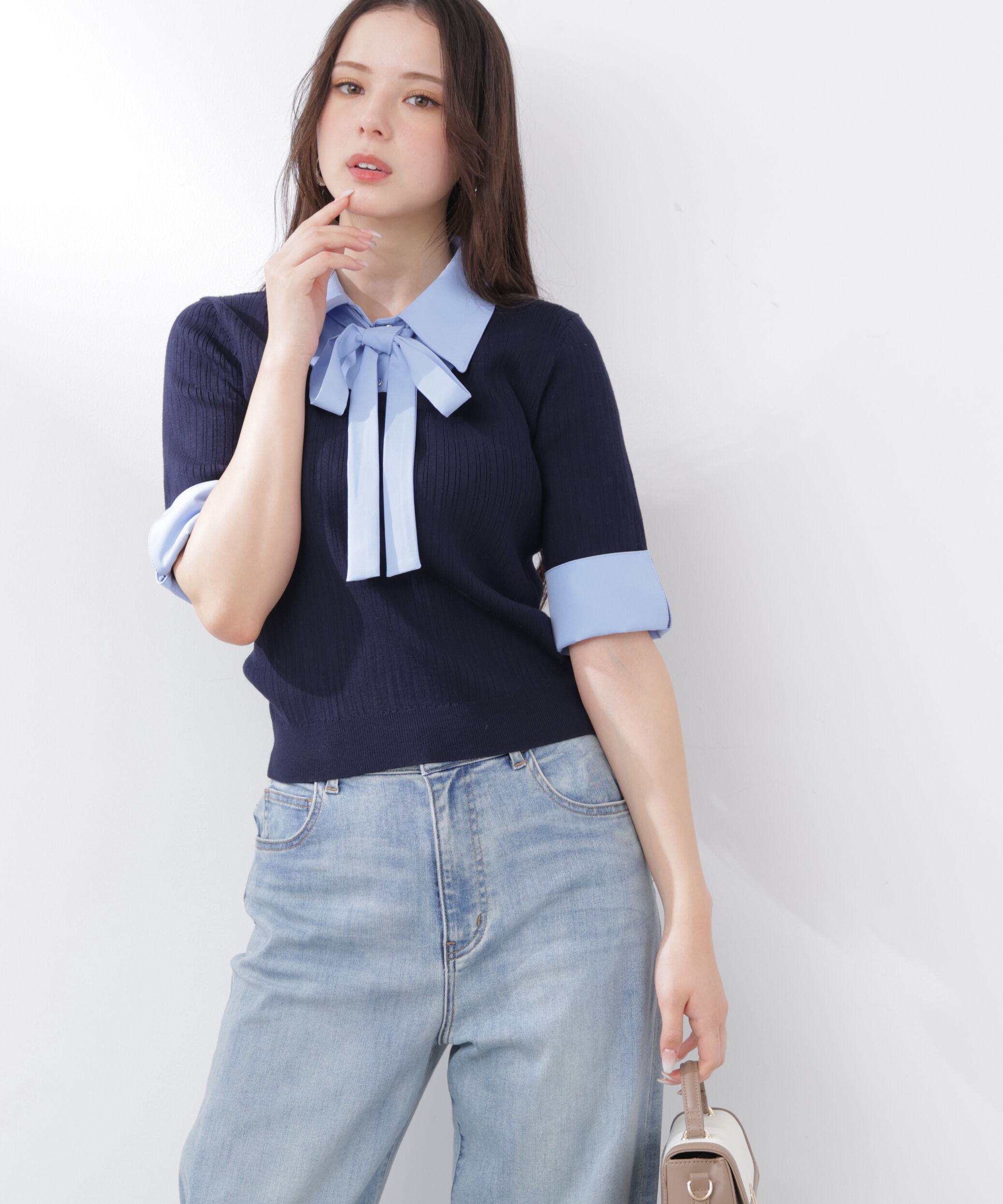 PROPORTION BODY DRESSING「《EDIT COLOGNE》リボンシャツドッキングニット　26SS」|ニット・セーター|