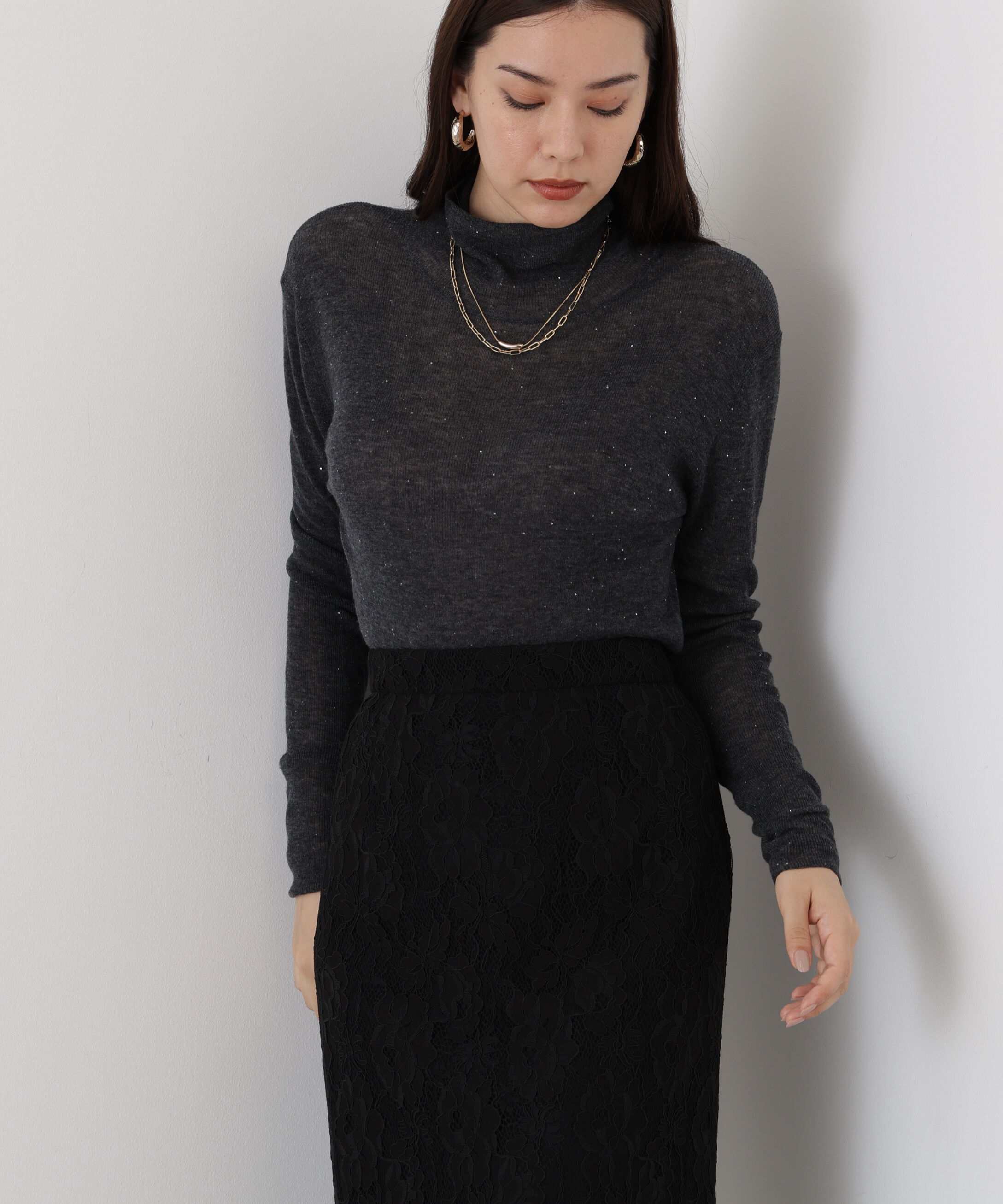  「◆スパンコールシアーモックネックプルオーバー」|ニット・セーター|