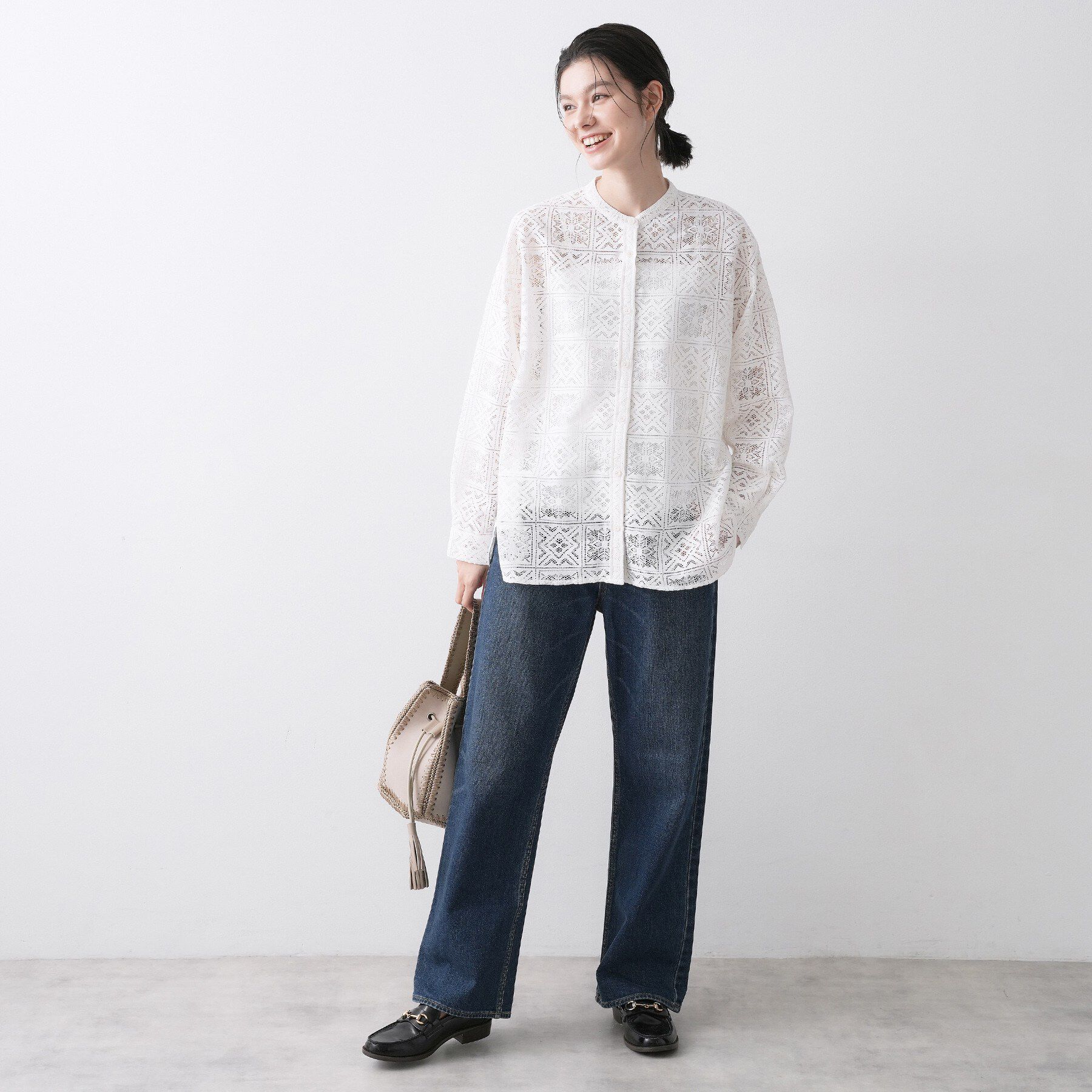 Dessin「【洗える】スクエアレースノーカラーシャツ」|シャツ・ブラウス|