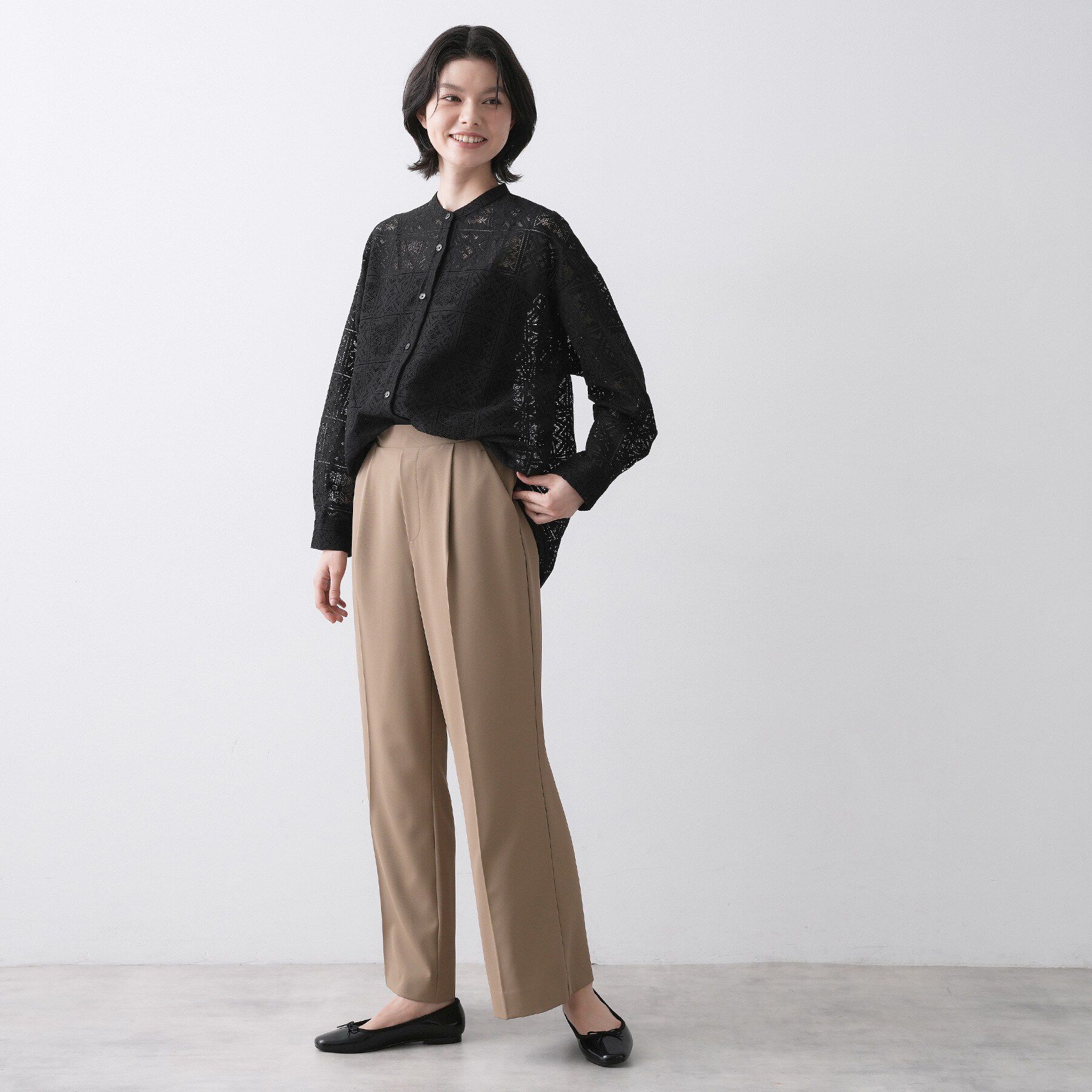 Dessin「【洗える】スクエアレースノーカラーシャツ」|シャツ・ブラウス|