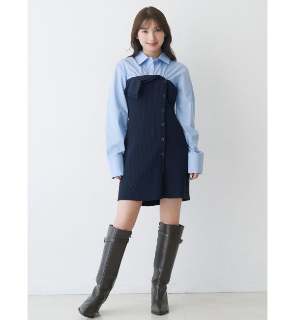 MERCURYDUO「【WEB限定カラーあり】シャツレイヤード風ニットドッキングミニワンピース」|ワンピース|