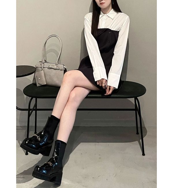 MERCURYDUO「【WEB限定カラーあり】シャツレイヤード風ニットドッキングミニワンピース」|ワンピース|