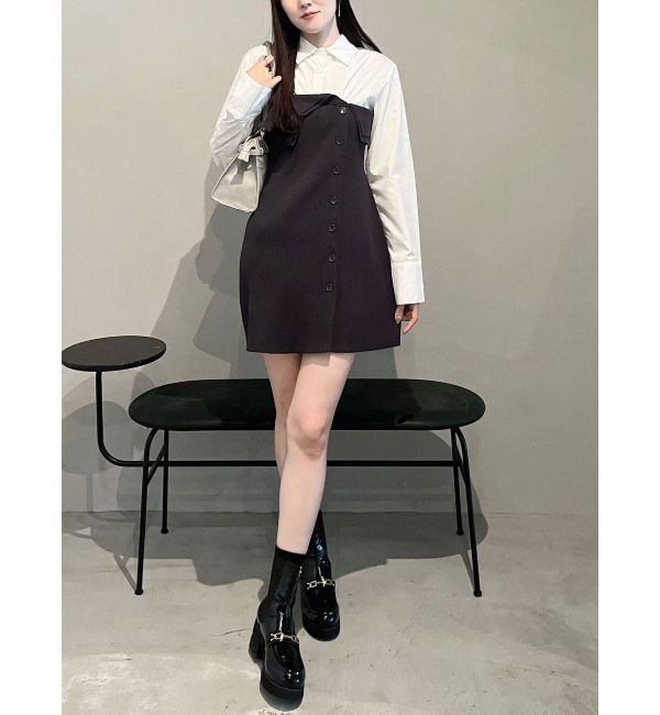 MERCURYDUO「【WEB限定カラーあり】シャツレイヤード風ニットドッキングミニワンピース」|ワンピース|