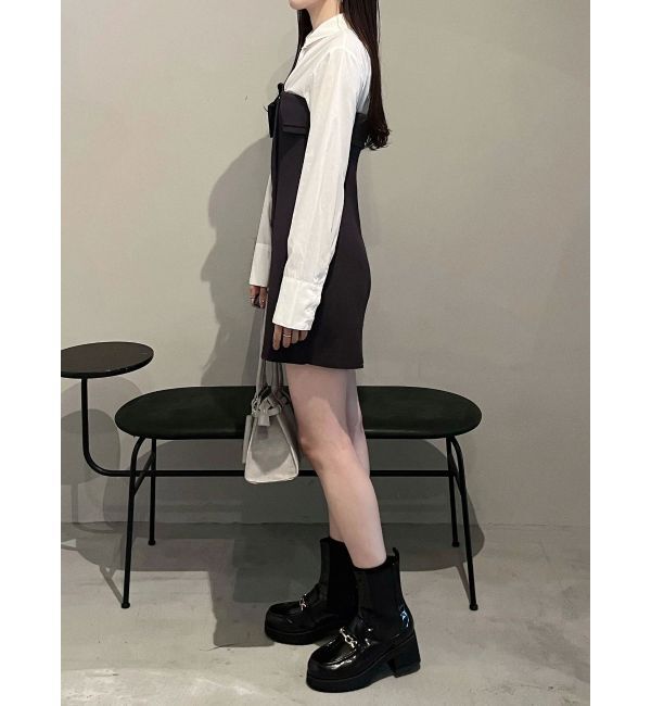 MERCURYDUO「【WEB限定カラーあり】シャツレイヤード風ニットドッキングミニワンピース」|ワンピース|