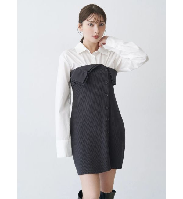 MERCURYDUO「【WEB限定カラーあり】シャツレイヤード風ニットドッキングミニワンピース」|ワンピース|