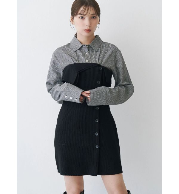 MERCURYDUO「【WEB限定カラーあり】シャツレイヤード風ニットドッキングミニワンピース」|ワンピース|