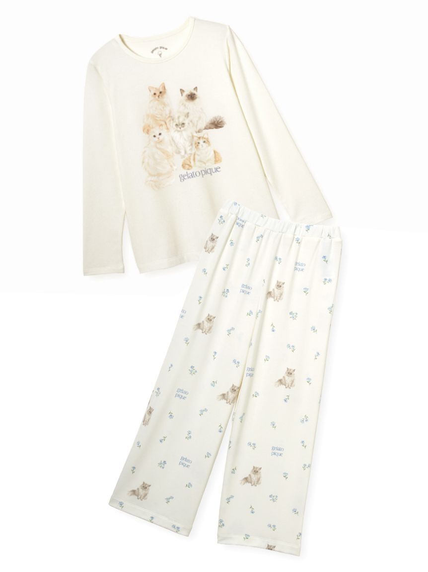 GELATO PIQUE KIDS & BABY「【JUNIOR】フラワーキャット柄プルオーバー&ロングパンツセット」|ルームウェア|
