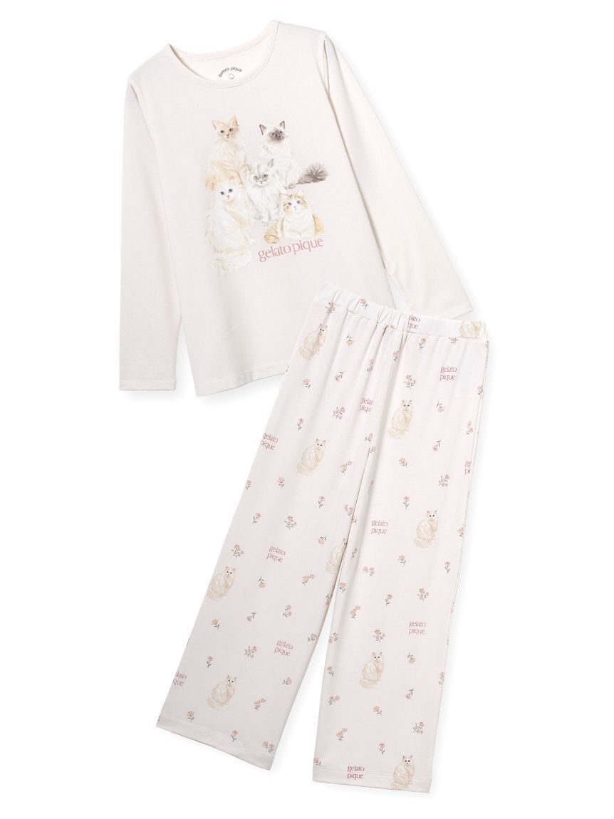 GELATO PIQUE KIDS & BABY「【JUNIOR】フラワーキャット柄プルオーバー&ロングパンツセット」|ルームウェア|PNK