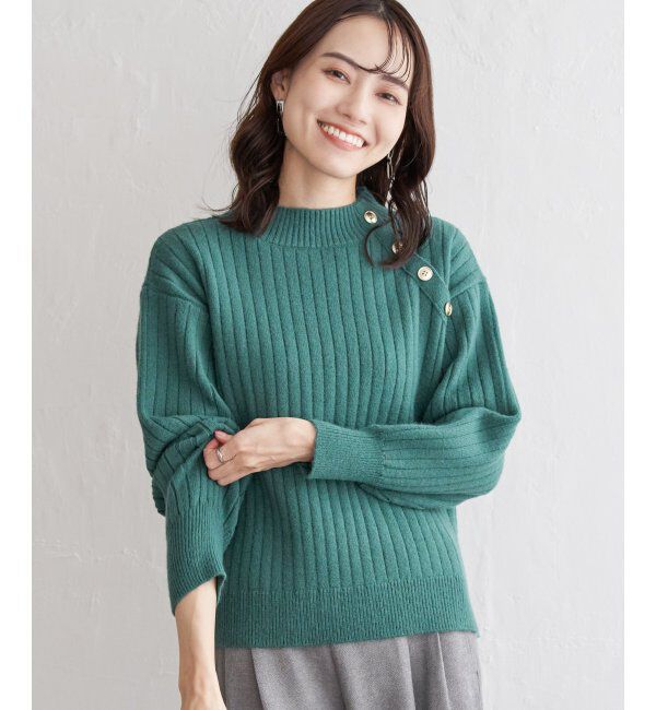 ikka「肩ボタンワイドリブニットプルオーバー」|プルオーバー|グリーン