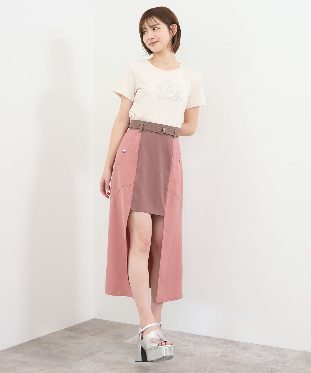 REDYAZEL「バイカラーパネルロングスカート」|台形|ピンク