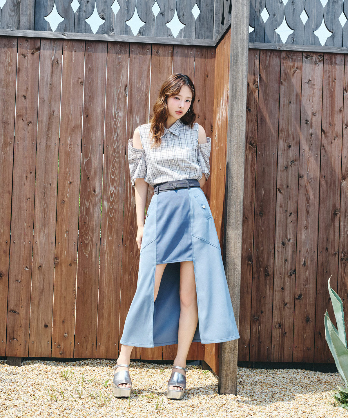 REDYAZEL「バイカラーパネルロングスカート」|台形|ブルー