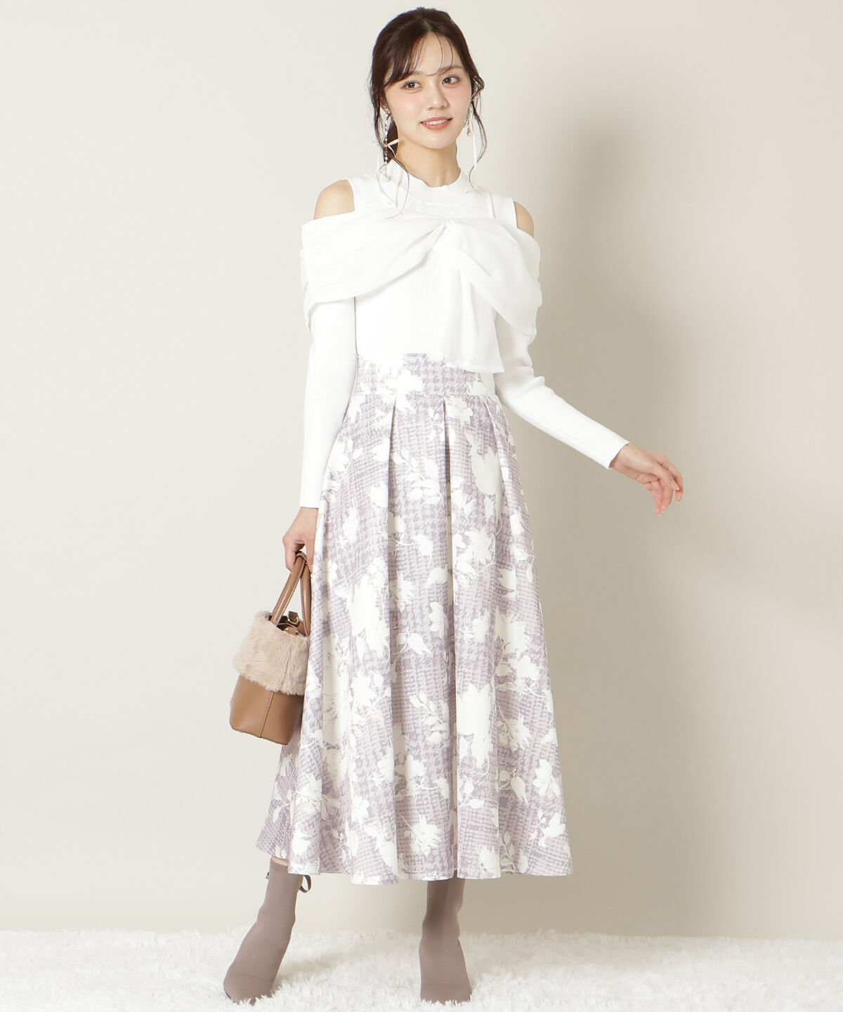 WILLSELECTION「千鳥フラワープリントボリュームタックスカート」|フレア|赤系花柄