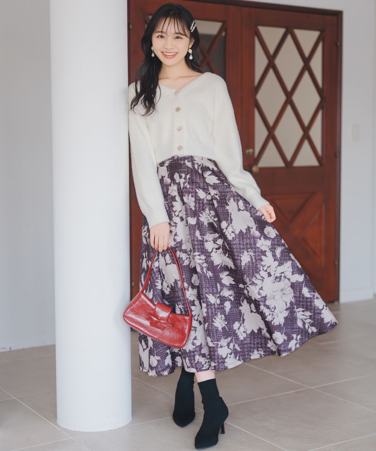 WILLSELECTION「千鳥フラワープリントボリュームタックスカート」|フレア|茶系花柄