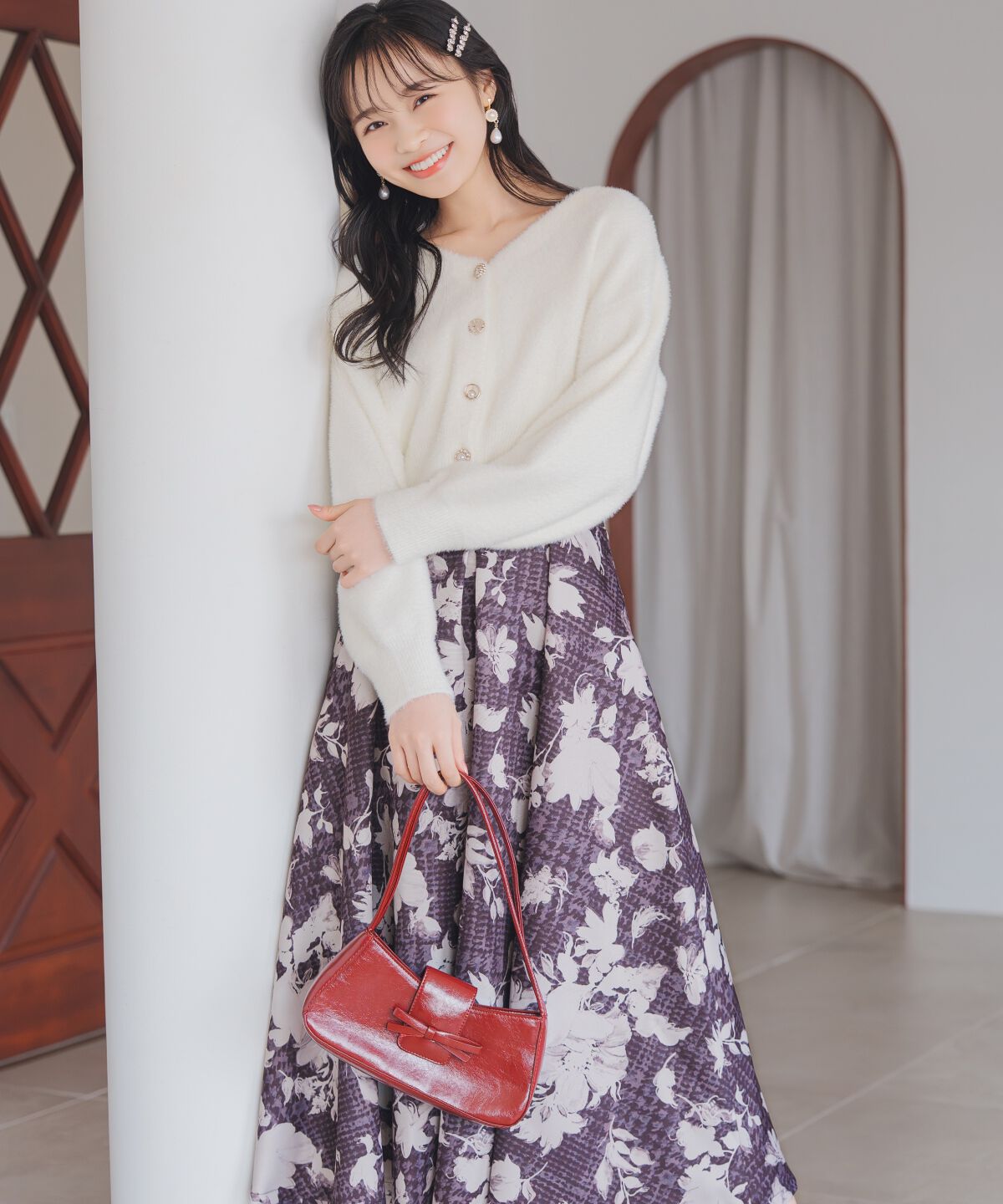 WILLSELECTION「千鳥フラワープリントボリュームタックスカート」|フレア|