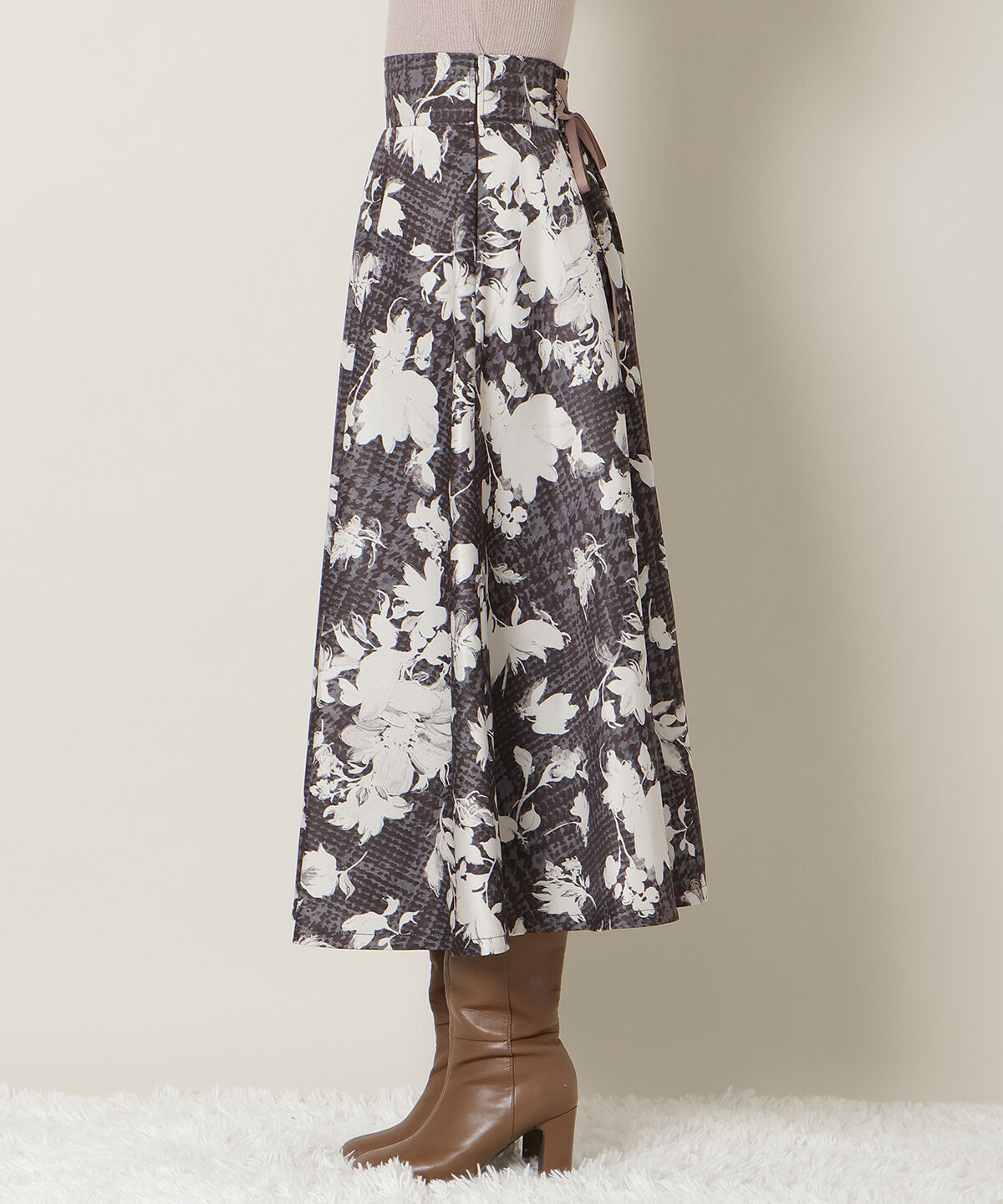 WILLSELECTION「千鳥フラワープリントボリュームタックスカート」|フレア|