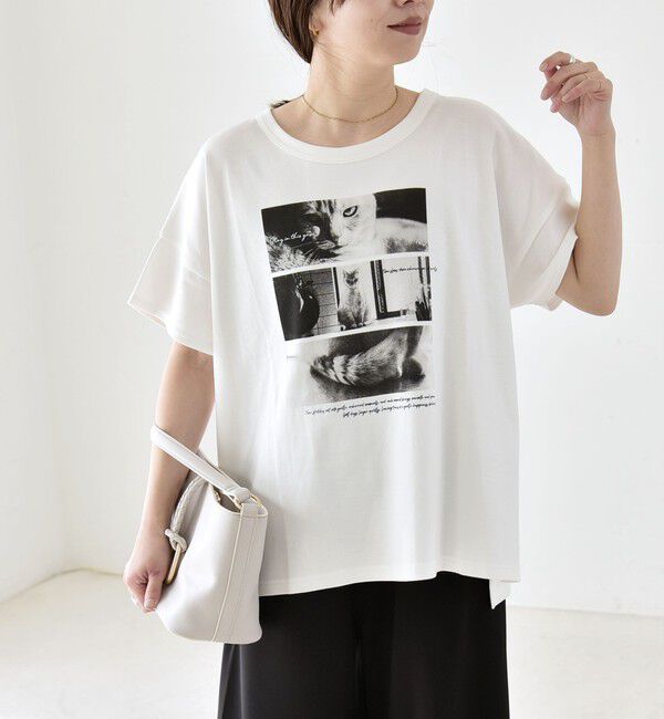 quaranciel「《予約》quaranciel:〈接触冷感/汗染み防止加工/洗濯機可能〉CAT プリント TEE」|Tシャツ・カットソー|