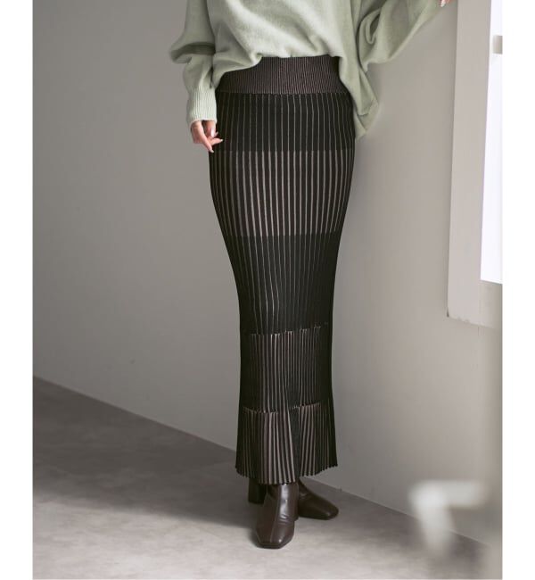 NOBLE「《追加》【洗える】ランダムバイカラーリブニットスカート」|スカート|ブラック