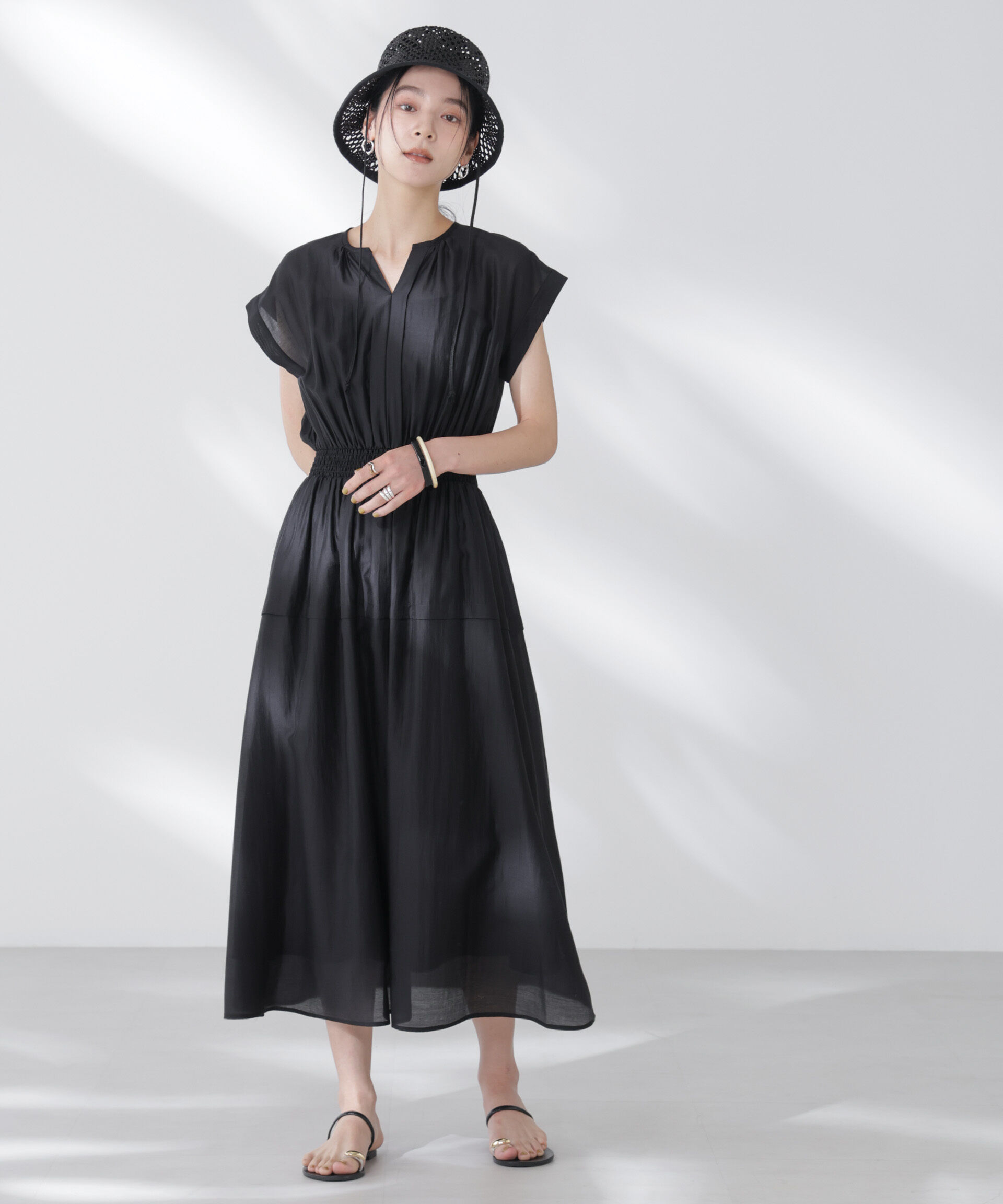 nano･universe「シアーサテンウエストシャーリングワンピース」|ワンピース|ブラック