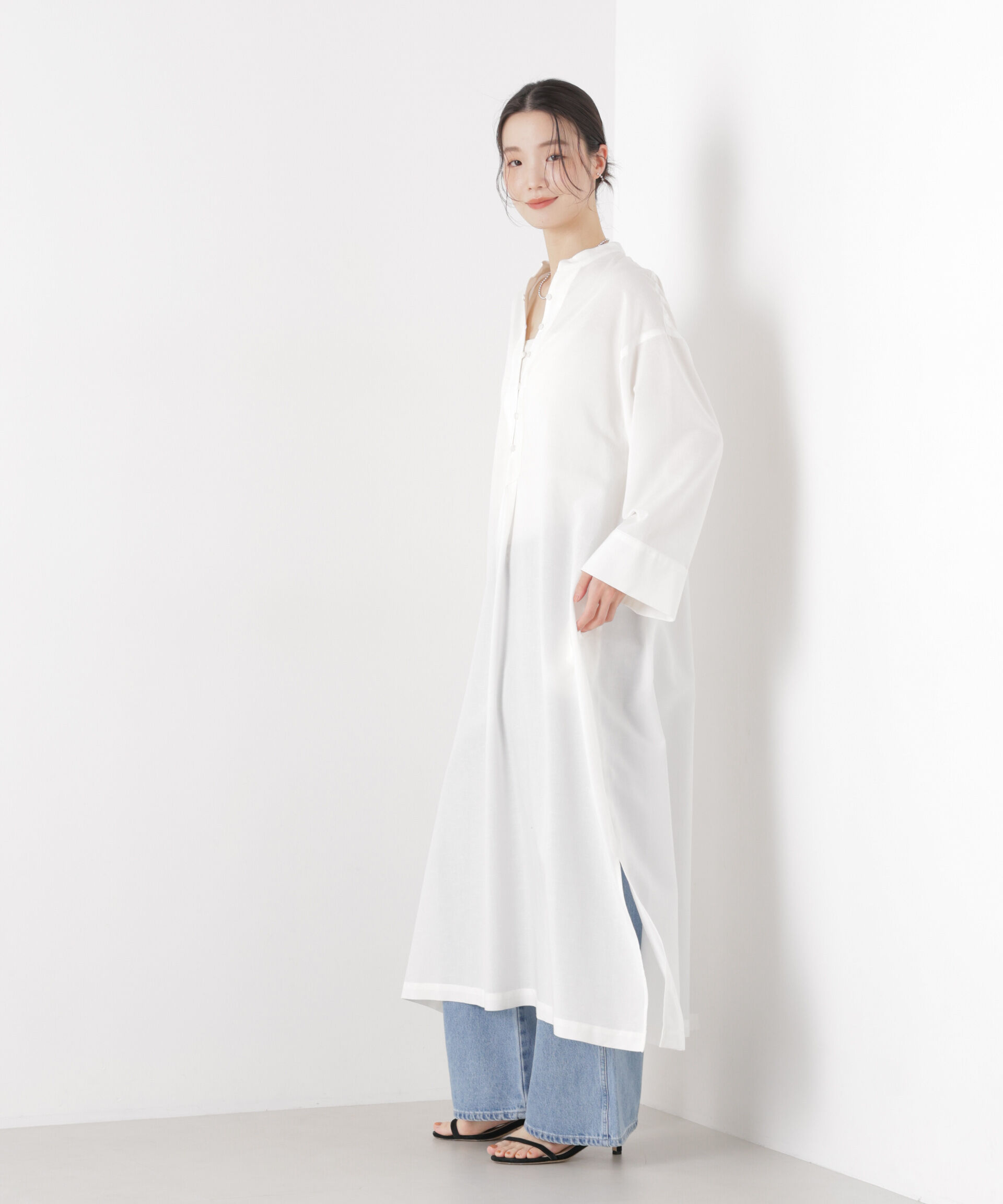 nano･universe「マシンウォッシャブルリネン混 スタンドカラーワンピース」|ワンピース|