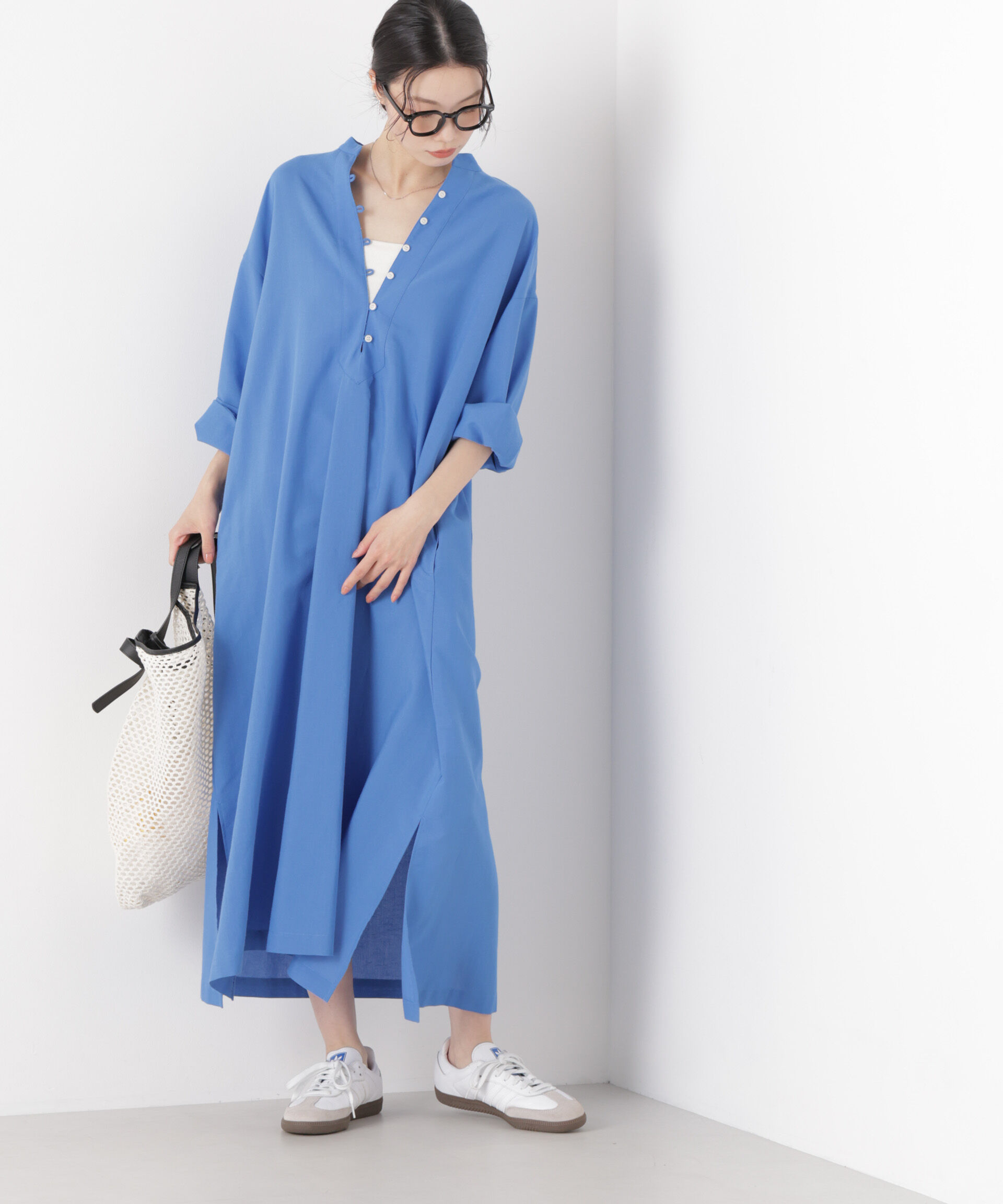 nano･universe「マシンウォッシャブルリネン混 スタンドカラーワンピース」|ワンピース|